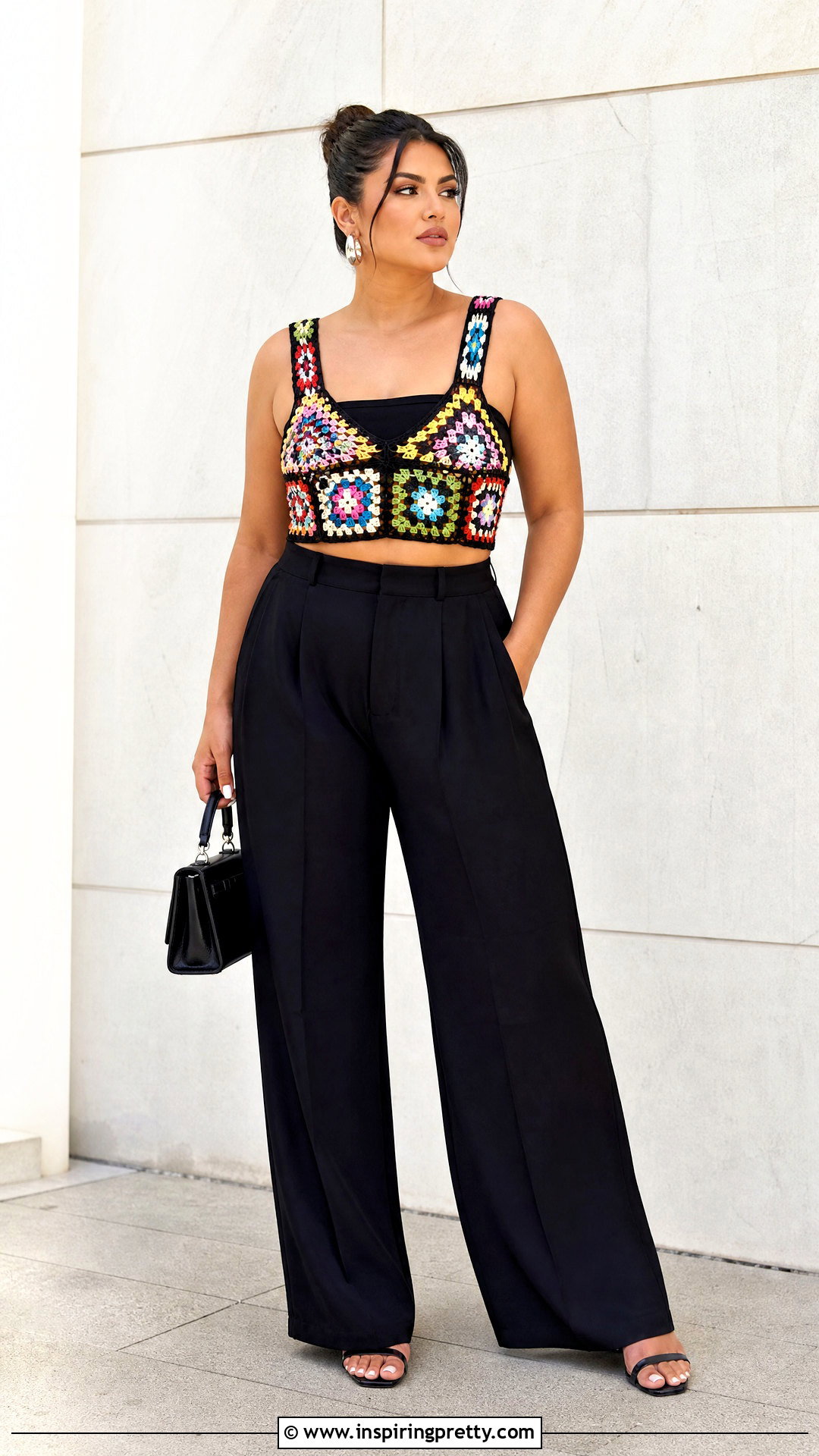 Granny Square Top With Black Wide Leg Pants - 50 granny square top outfit ideas