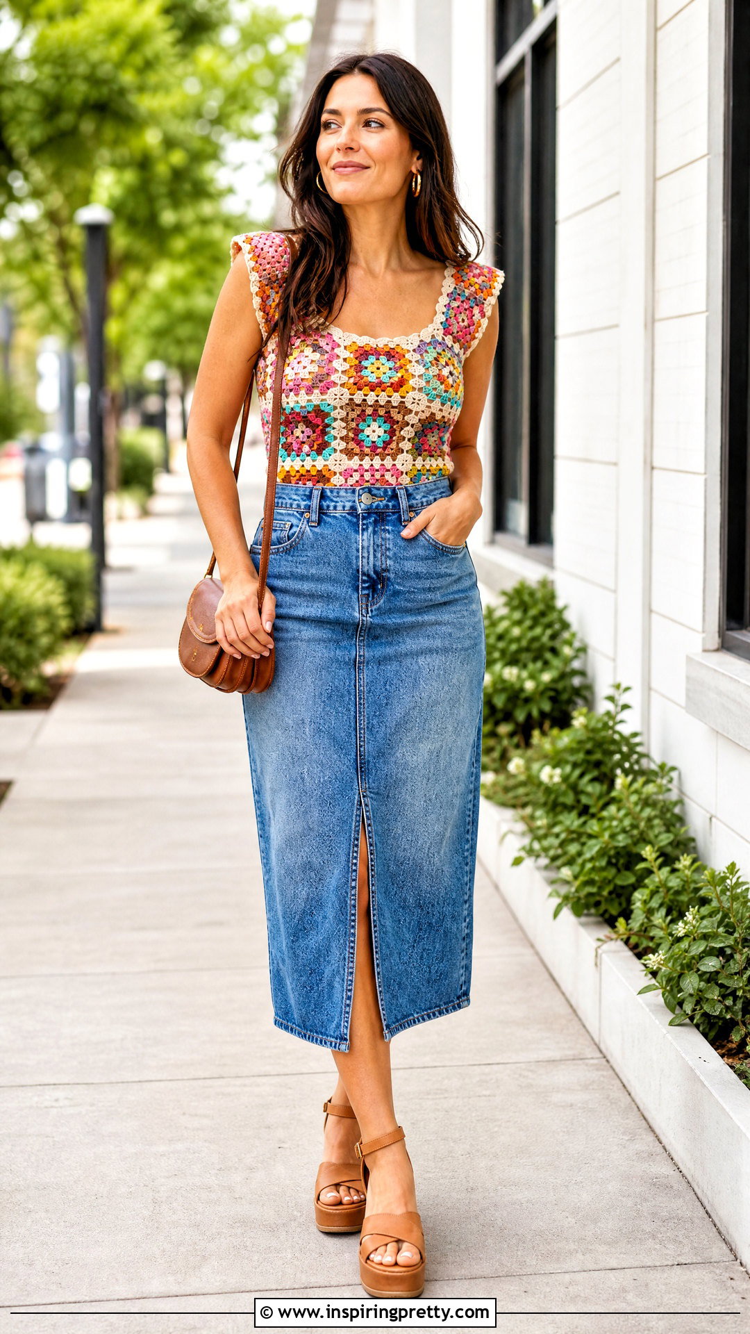 Granny Square Top With Denim Midi Skirt - 50 granny square top outfit ideas