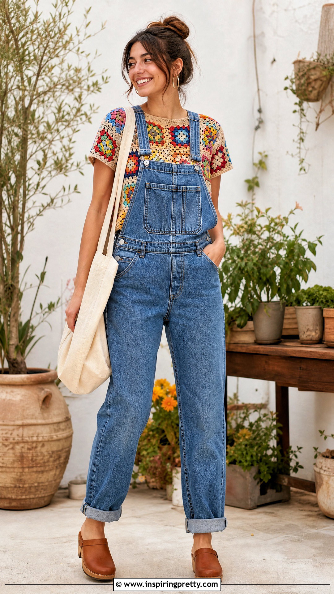 Granny Square Top With Denim Overalls - 50 granny square top outfit ideas