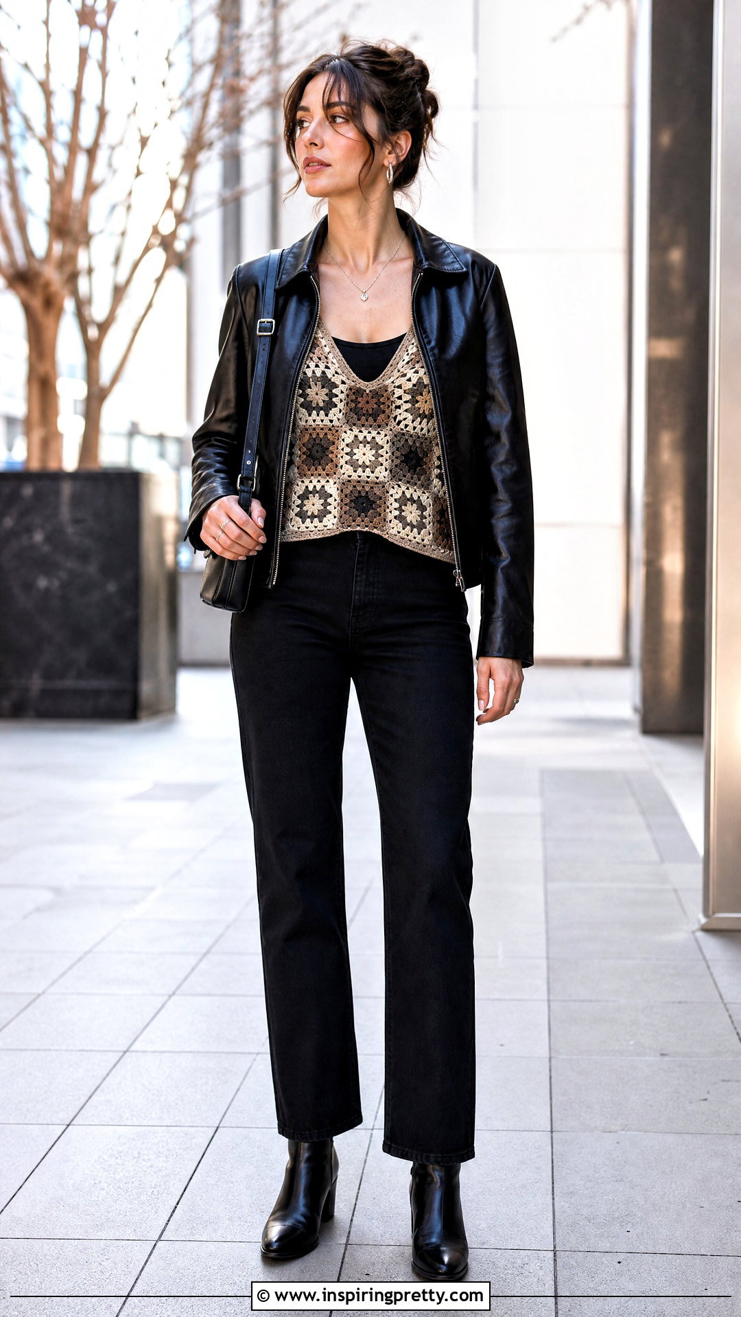 Granny Square Top With Leather Jacket - 50 granny square top outfit ideas
