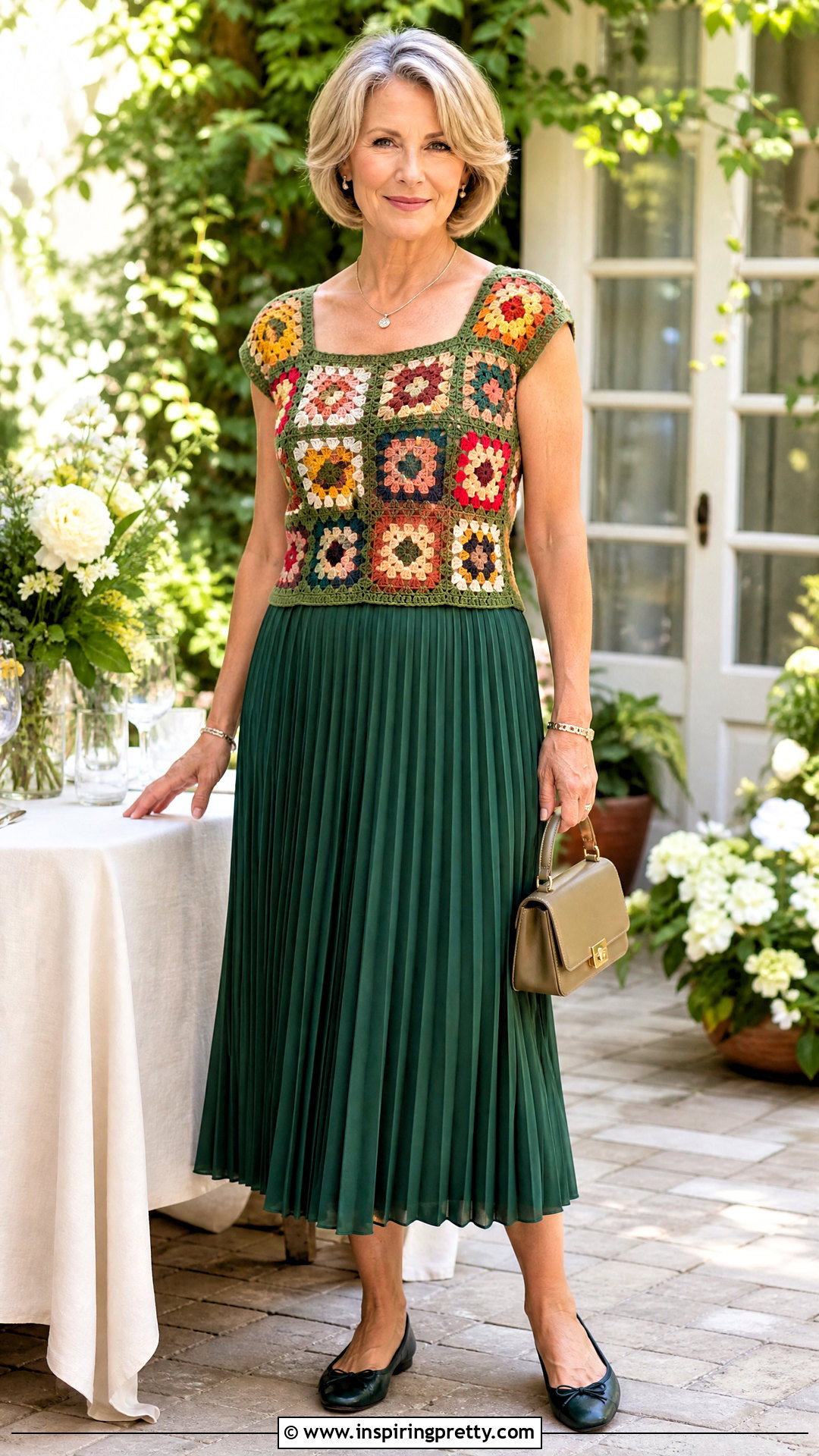 Granny Square Top With Pleated Midi Skirt - 50 granny square top outfit ideas