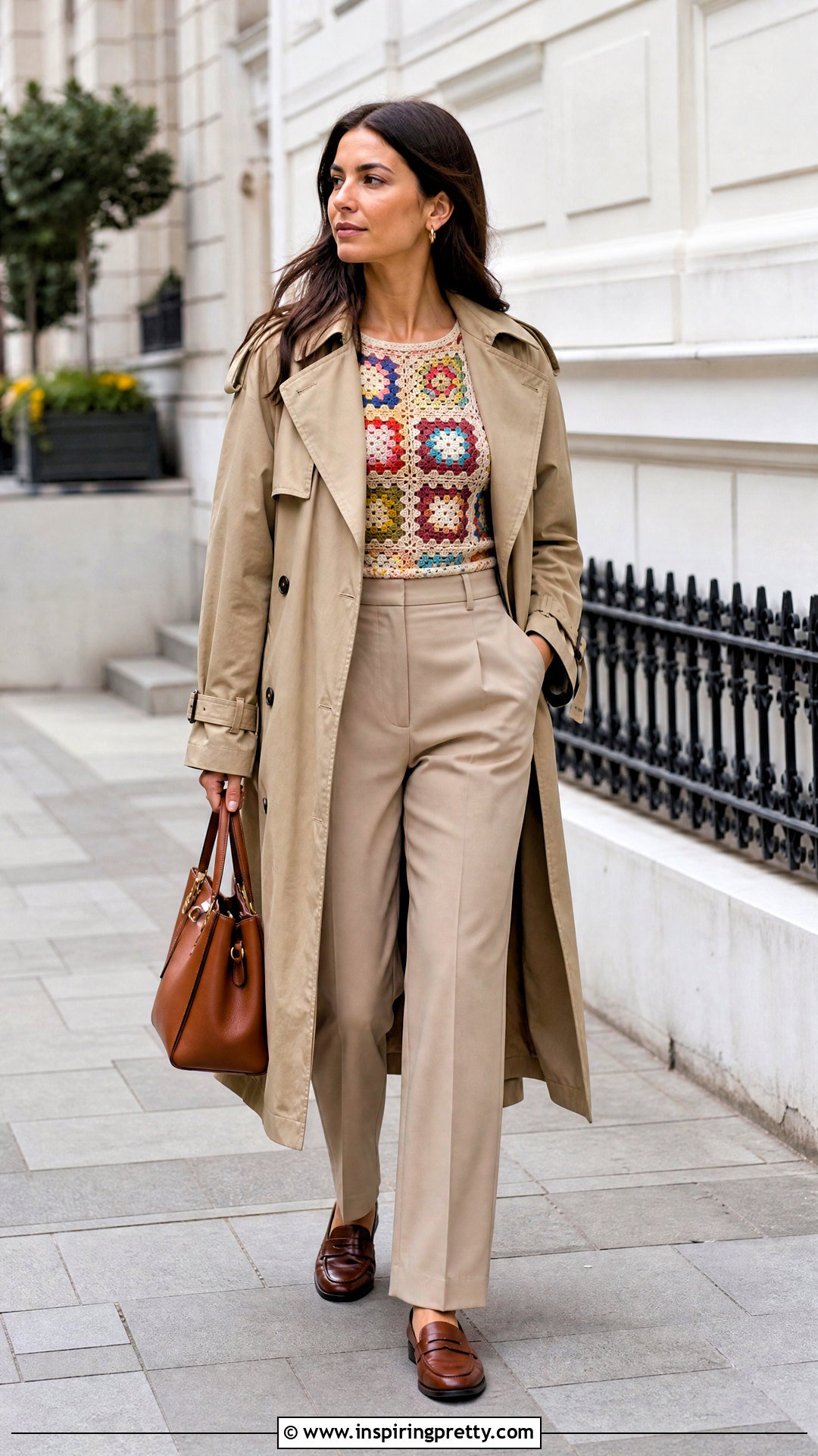 Granny Square Top With Trench Coat - 50 granny square top outfit ideas