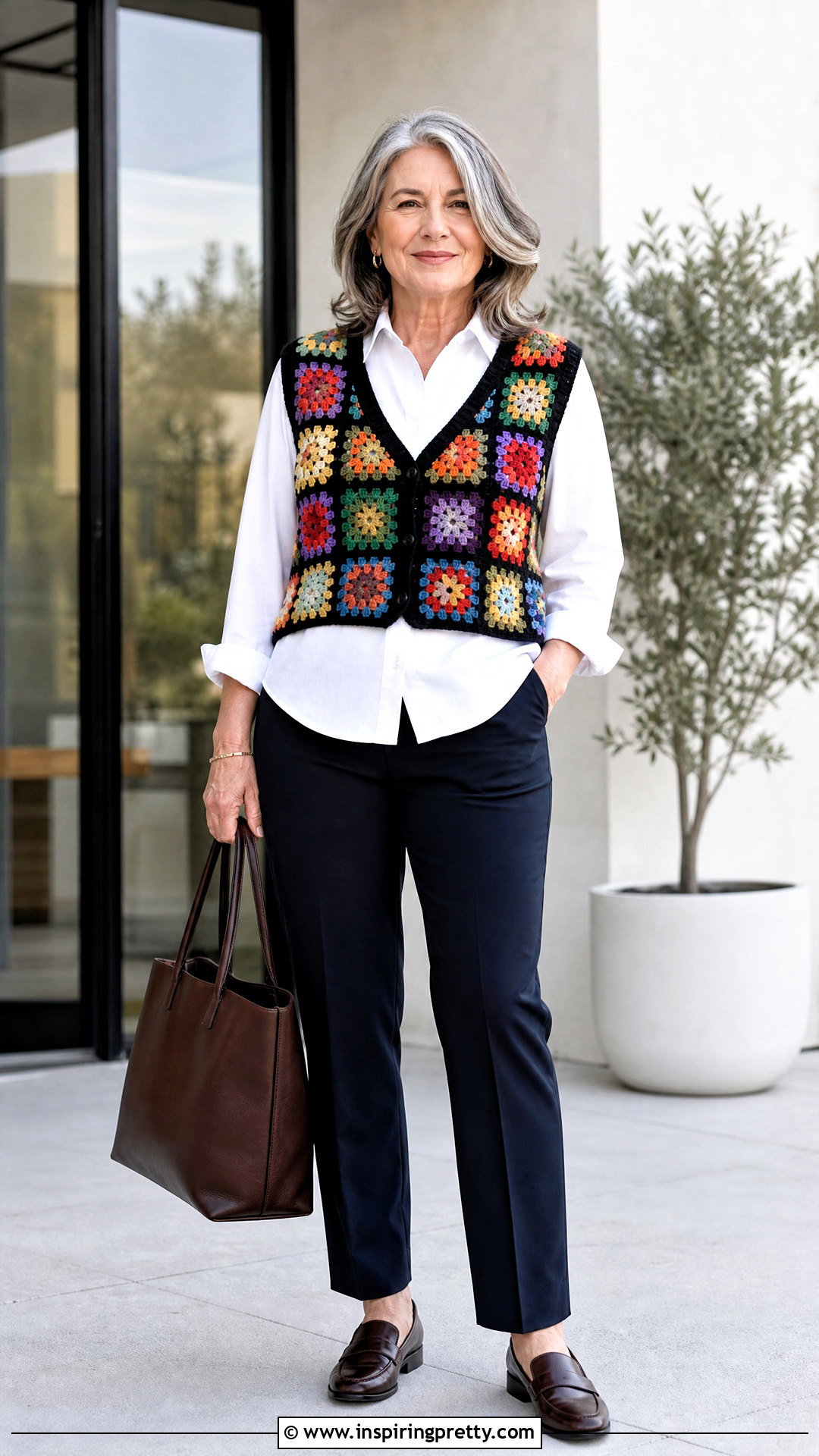Granny Square Top With White Button Down Shirt - 50 granny square top outfit ideas