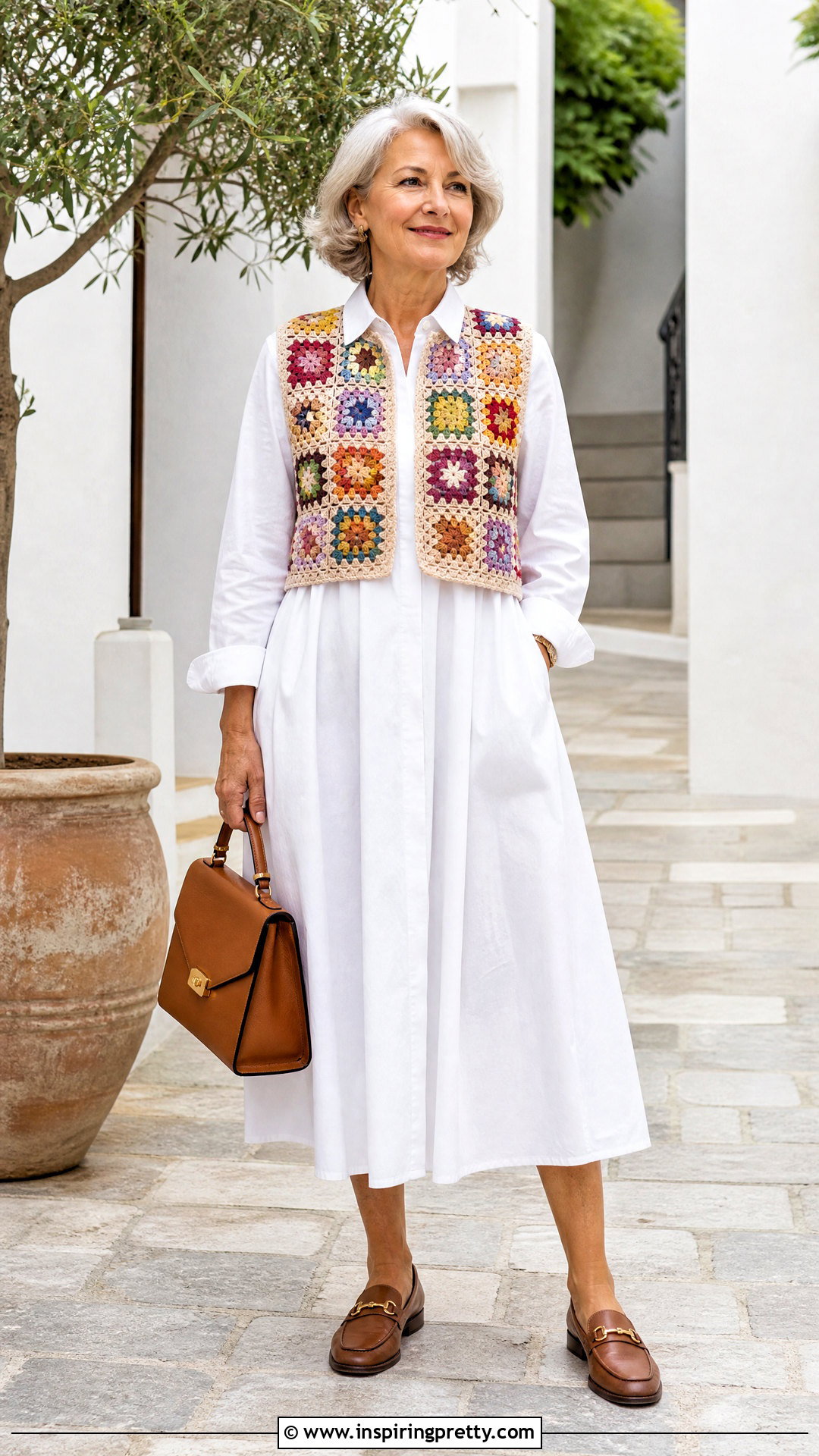 Granny Square Vest With Poplin Dress - 50 granny square top outfit ideas