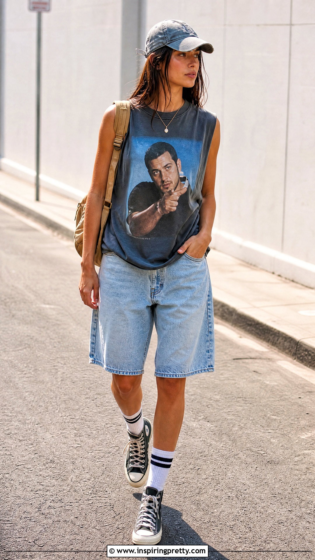 Graphic Adam Sandler Tank Top With Baggy Denim Shorts - 25 adam sandler tank top outfit ideas