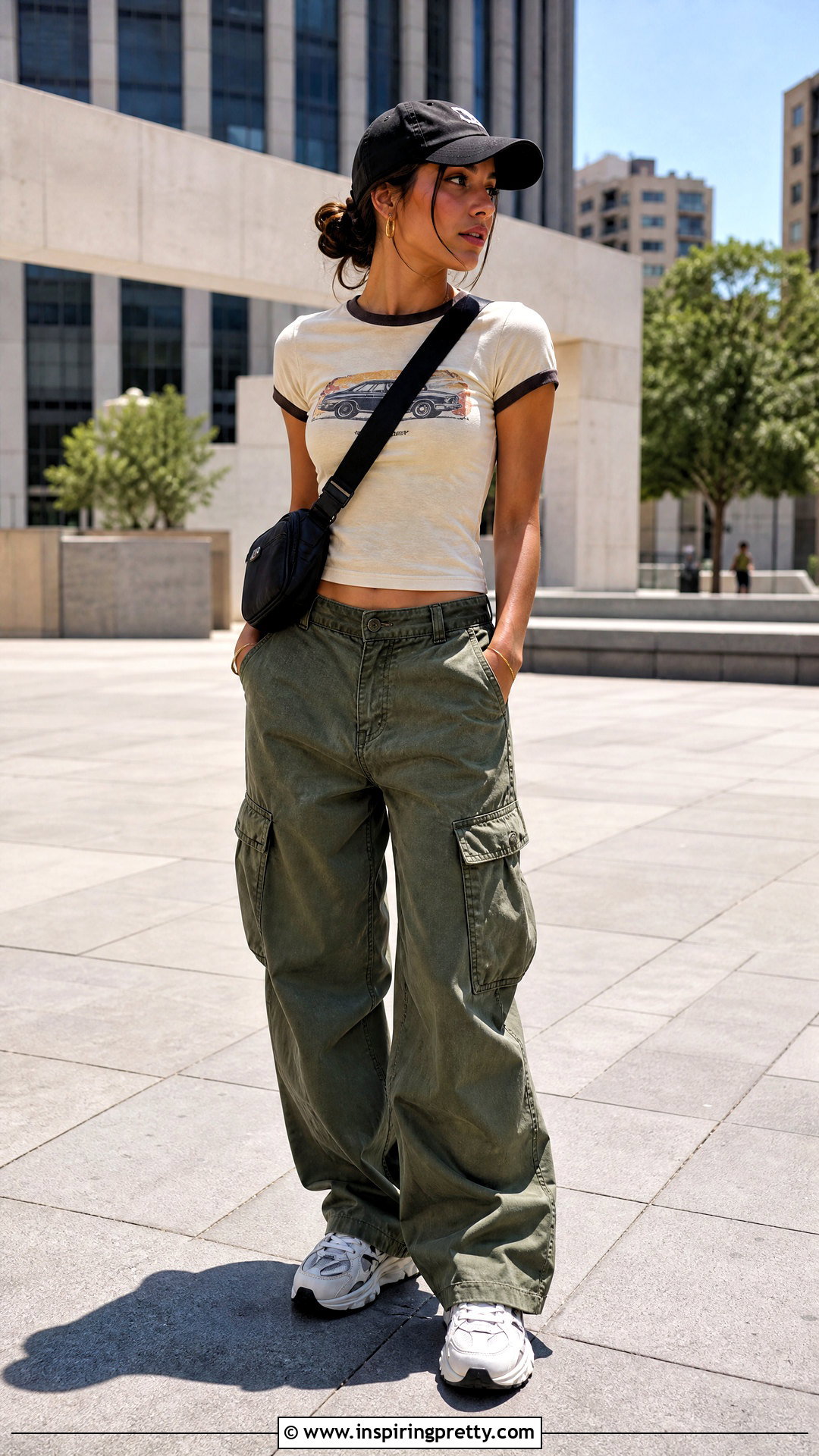 Graphic Baby Tee With Cargo Pants - 50 baby top outfit ideas