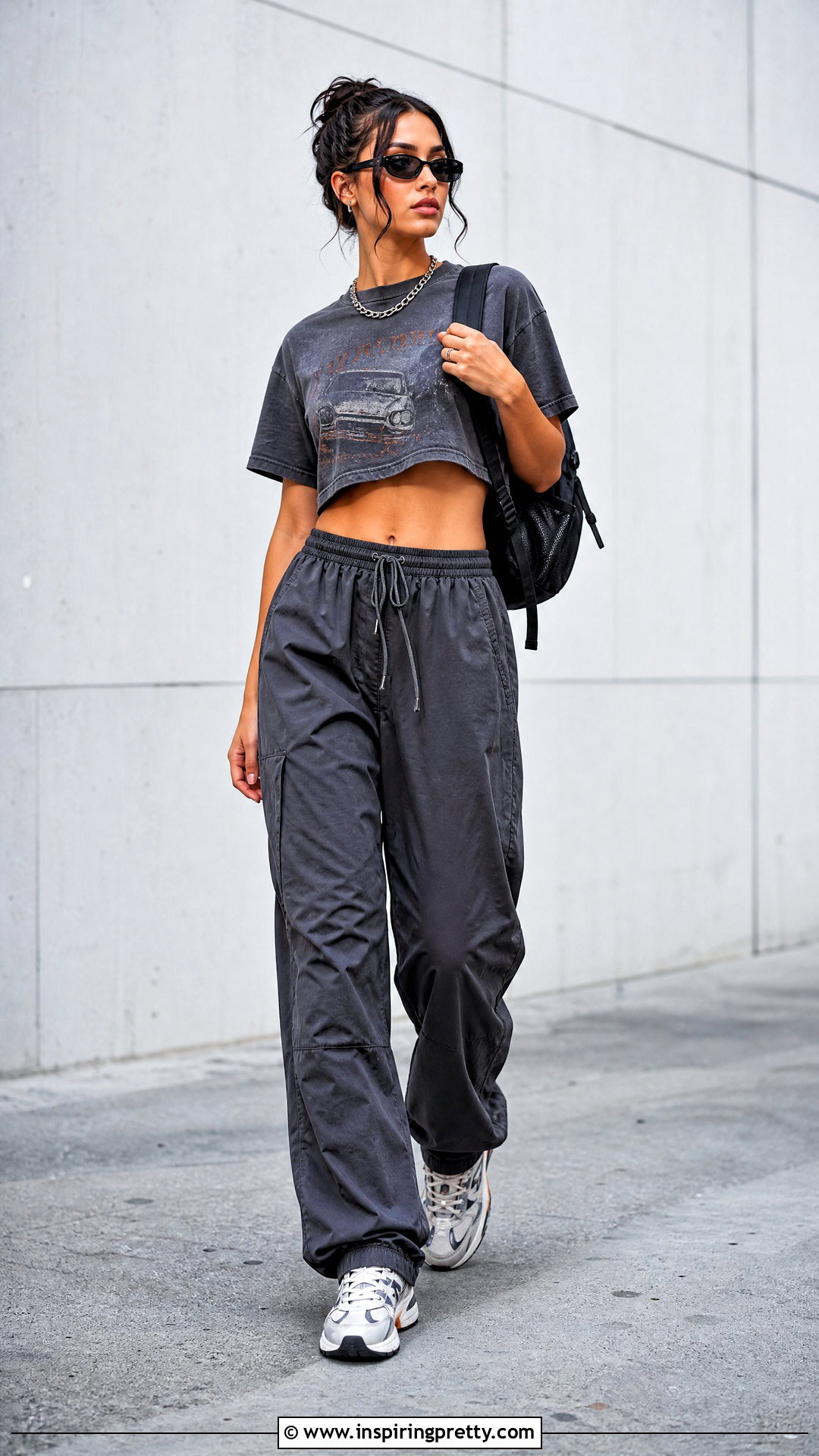 Graphic Baggy Crop Top With Parachute Pants - 50 baggy crop top outfit ideas