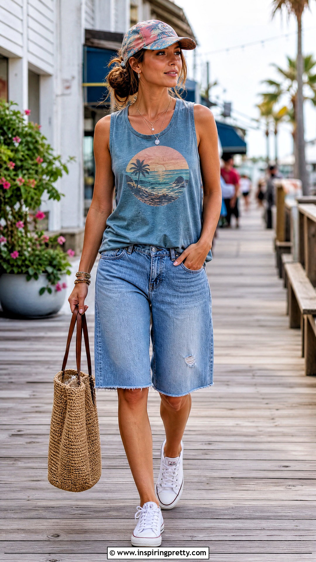 Graphic Beach Tank Top With Bermuda Shorts - 25 beach tanks tops outfit ideas