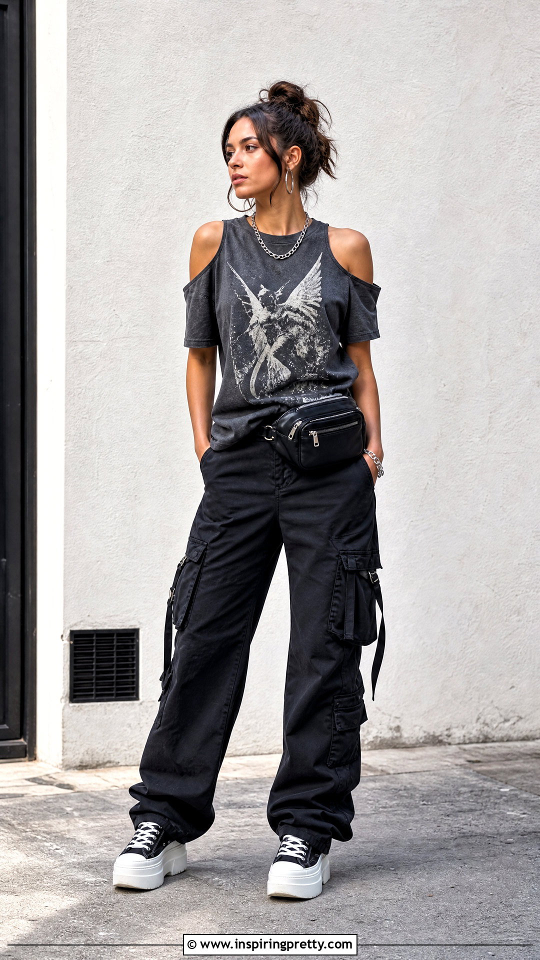 Graphic Cold Shoulder Top With Black Cargo Pants - 20 cold shoulder top diy outfit ideas