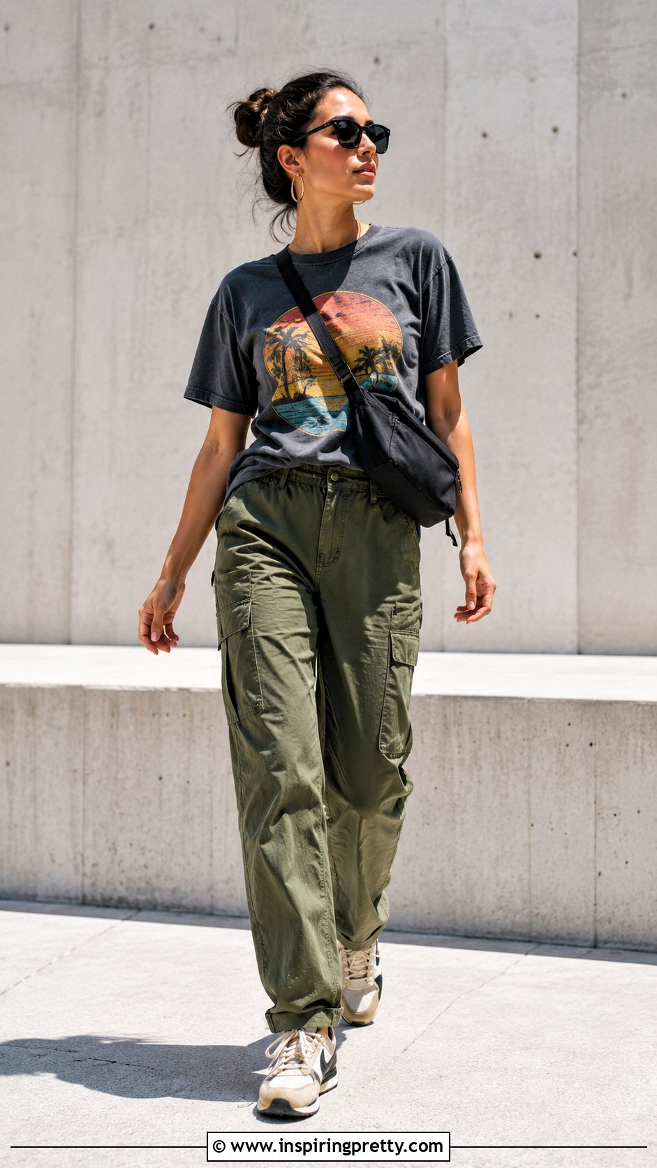 Graphic Cotton T Shirt With Cargo Pants - 50 summer cotton tops outfit ideas