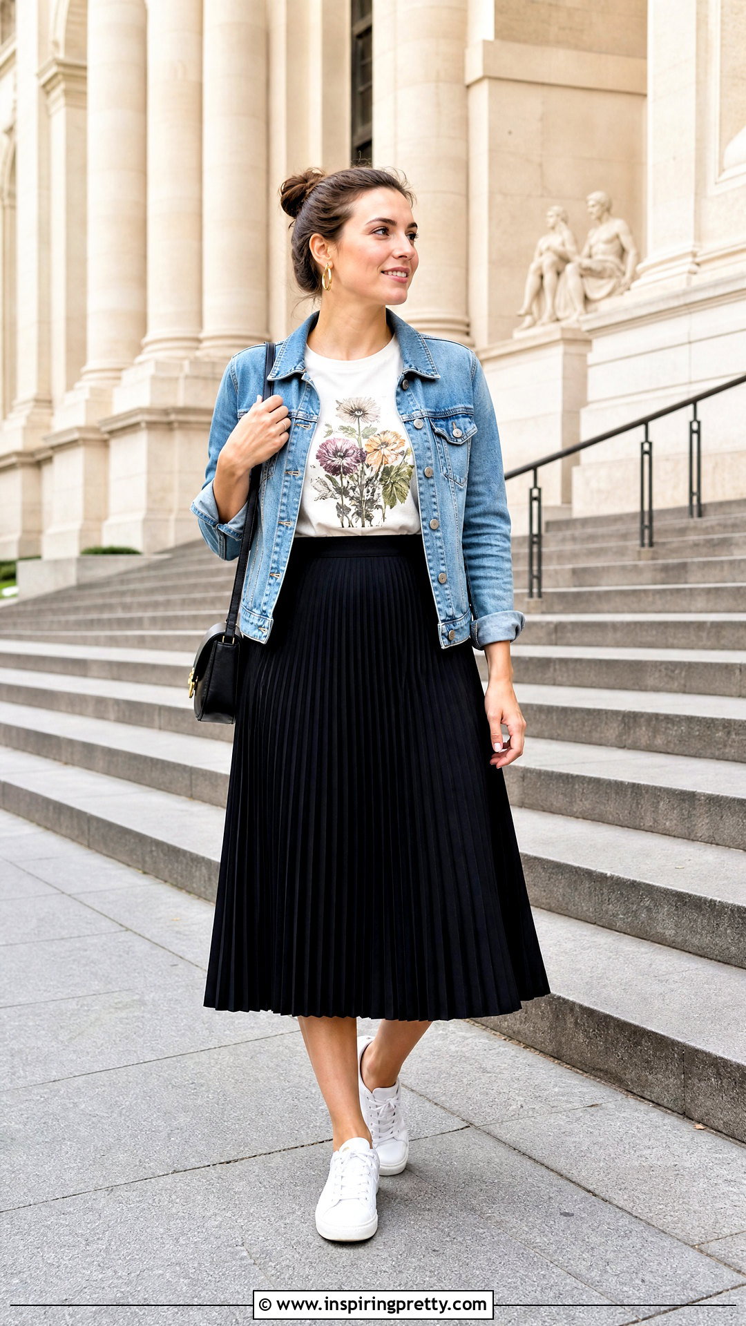 Graphic Cotton T Shirt With Midi Skirt - 50 cotton tops outfit ideas