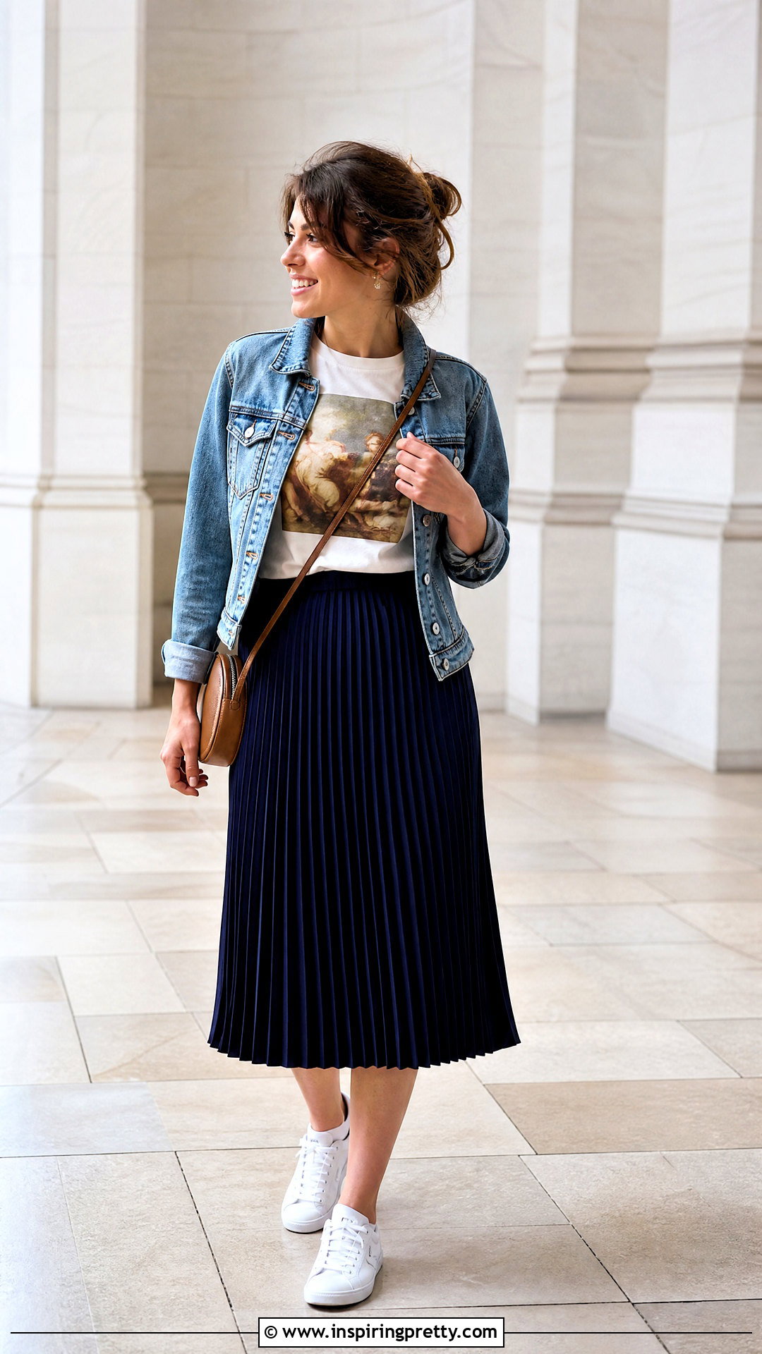 Graphic Cotton T Shirt With Pleated Midi Skirt - 50 cute cotton tops outfit ideas