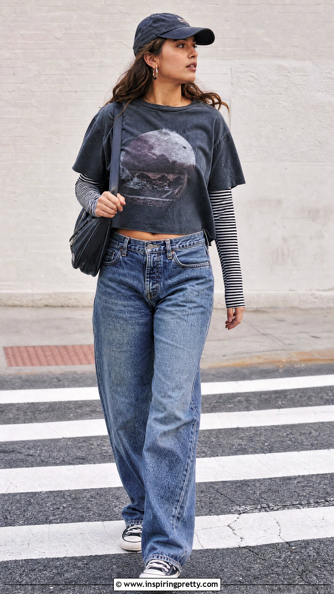 Graphic Crop T Shirt Over Striped Long Sleeve Top Outfit - 25 Crop Top With Top Underneath outfit ideas