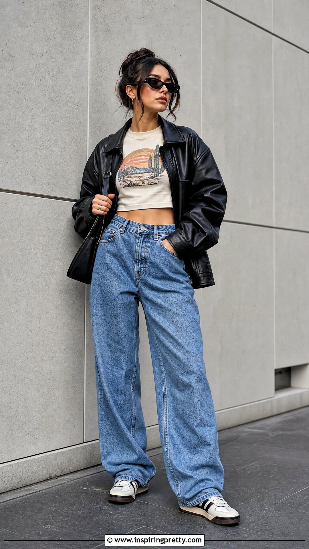 Graphic Crop Tee With Baggy Jeans And Leather Jacket - 20 Trendy Crop Top Styling Tips