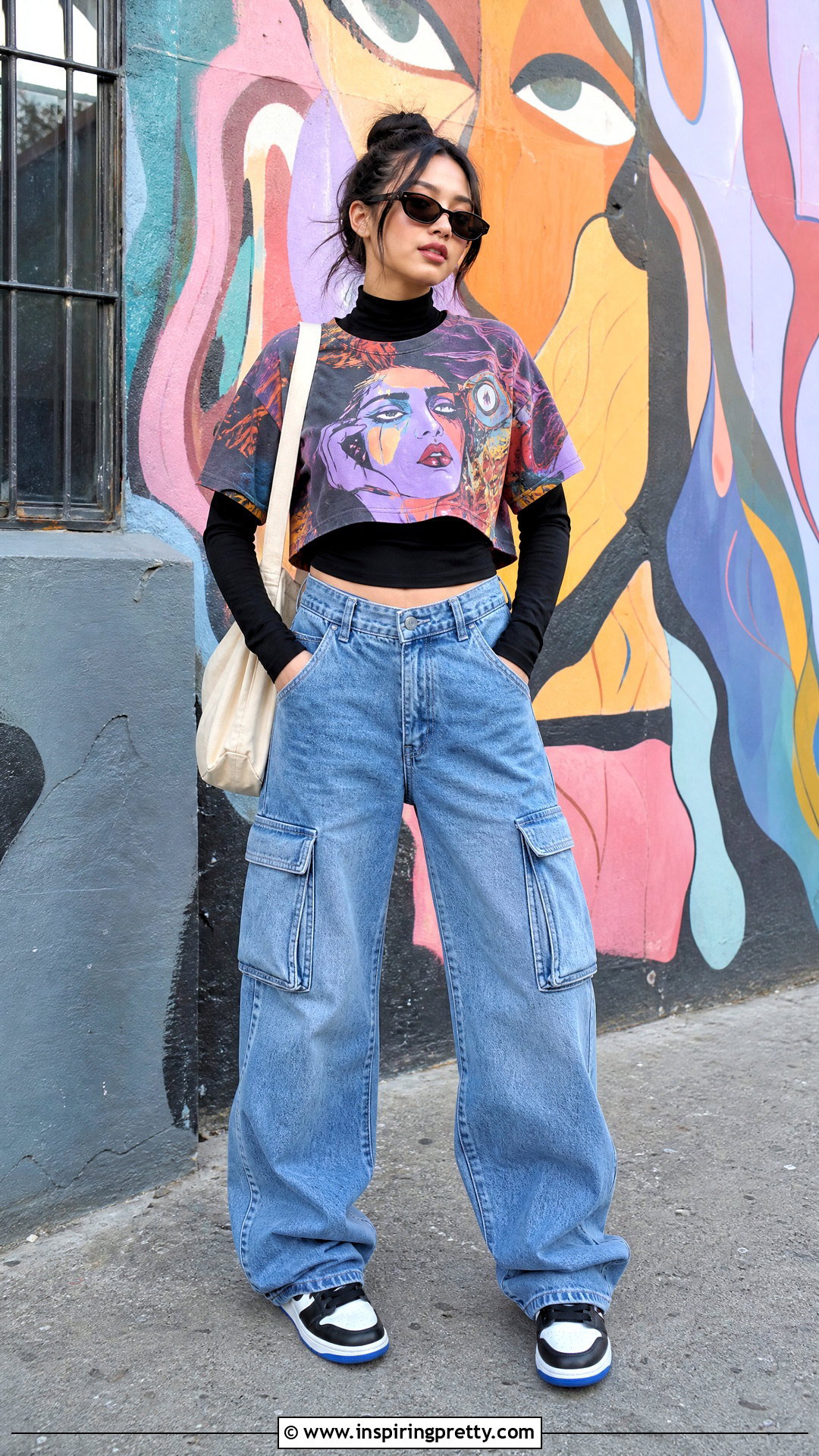 Graphic Crop Top Over Turtleneck With Cargo Jeans - 25 Crop Top Over Turtleneck outfit ideas