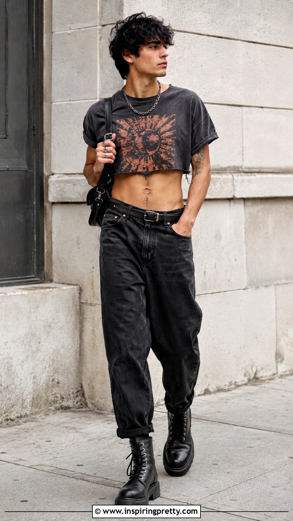 Graphic Crop Top With Black Jeans And Combat Boots - 20 men’s crop tops outfit ideas