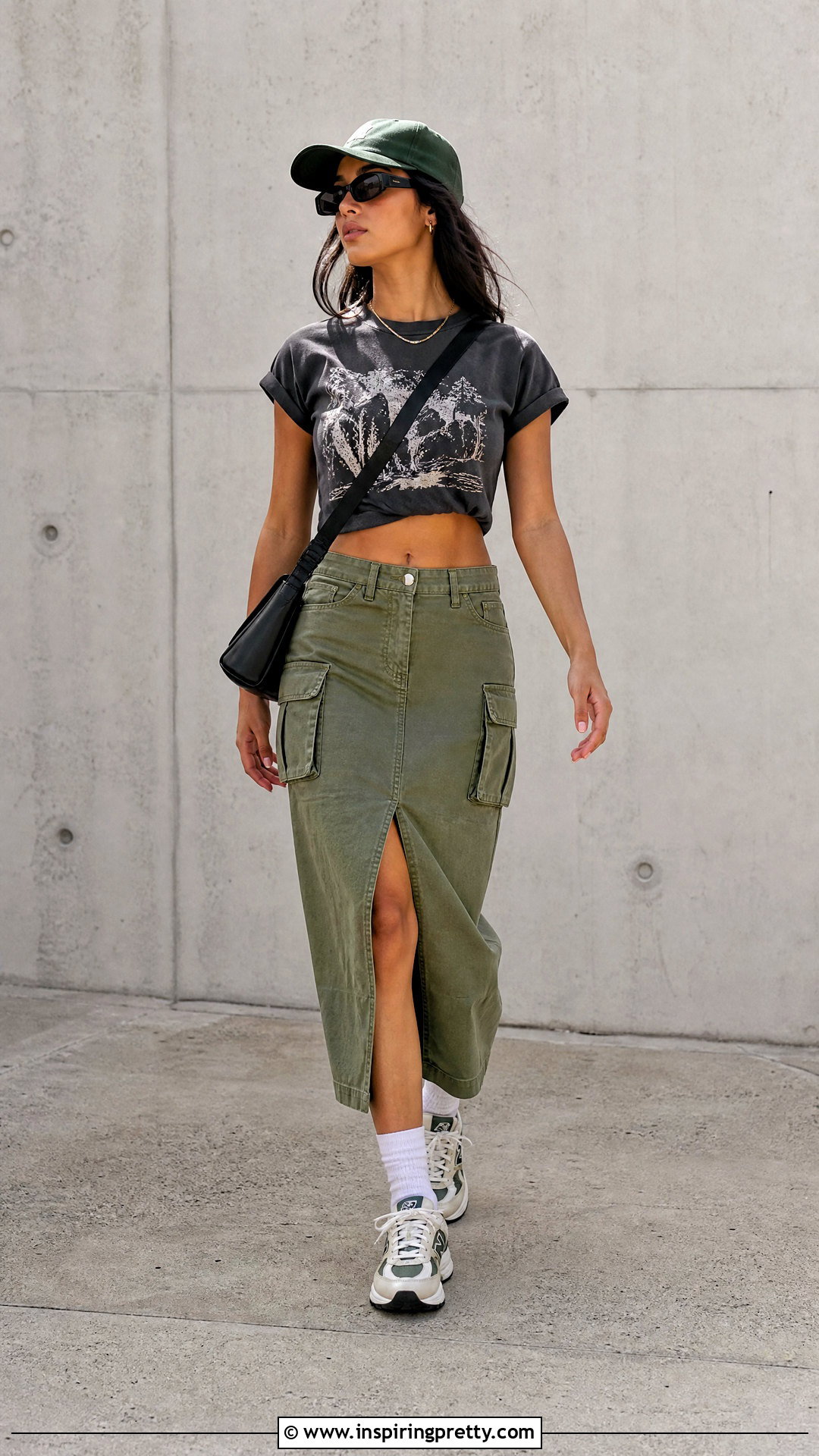 Graphic Crop Top With Cargo Midi Skirt - 20 crop top and midi skirt outfit ideas