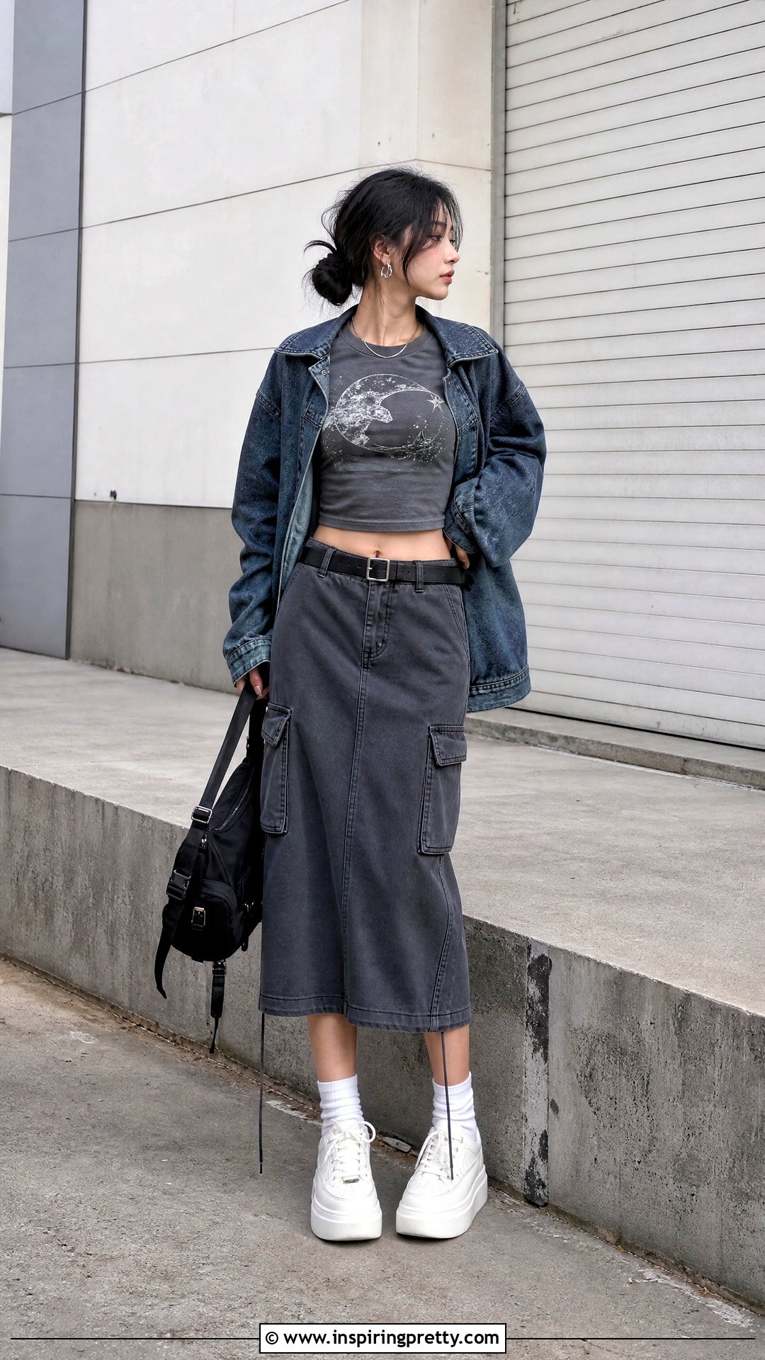 Graphic Crop Top With Cargo Skirt Outfit - 50 crop top outfits korean styles