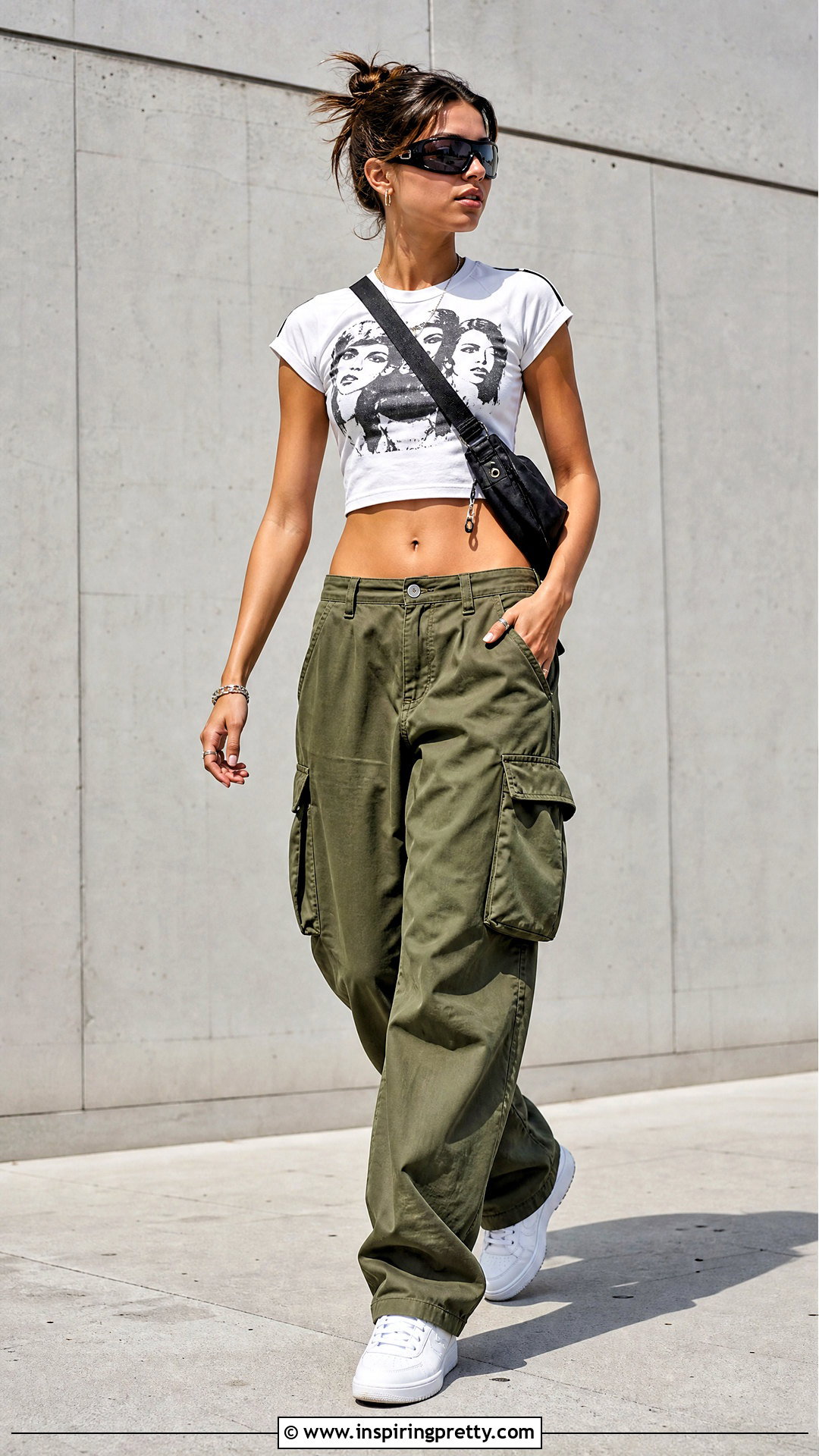 Graphic Crop Top With Cargo Trousers - 20 crop top trousers outfit ideas