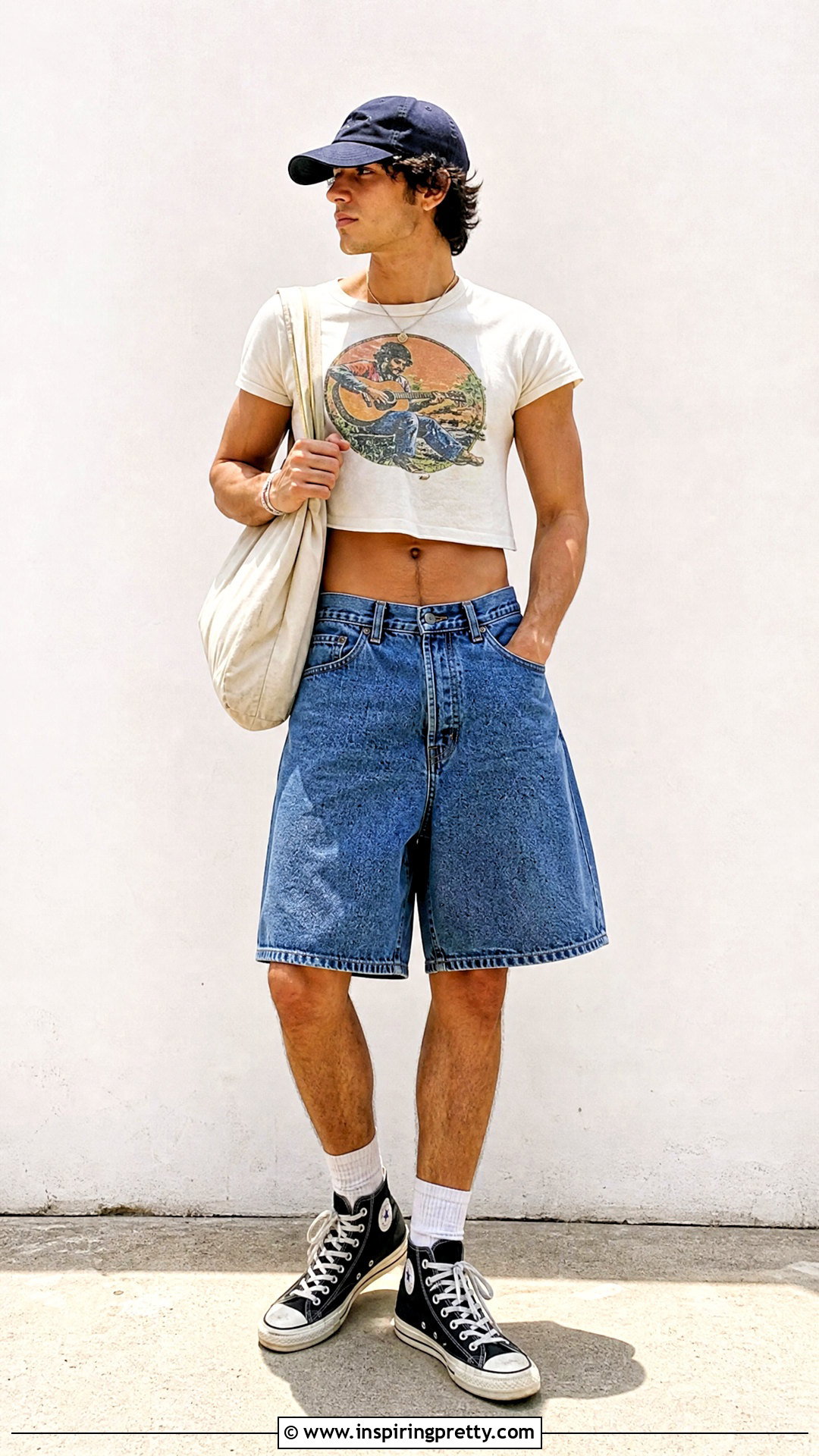 Graphic Crop Top With Denim Shorts - 50 male crop top outfit ideas