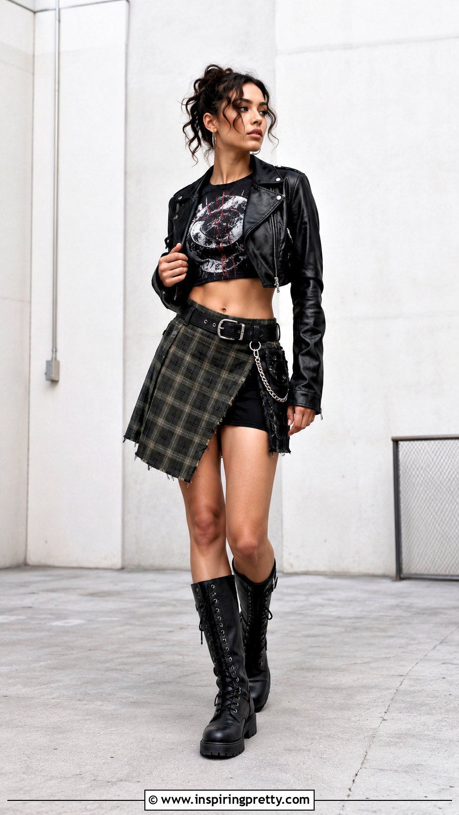 Graphic Crop Top With Kilt Layer And Boots - 20 Tanner Buchanan Crop Top outfit ideas