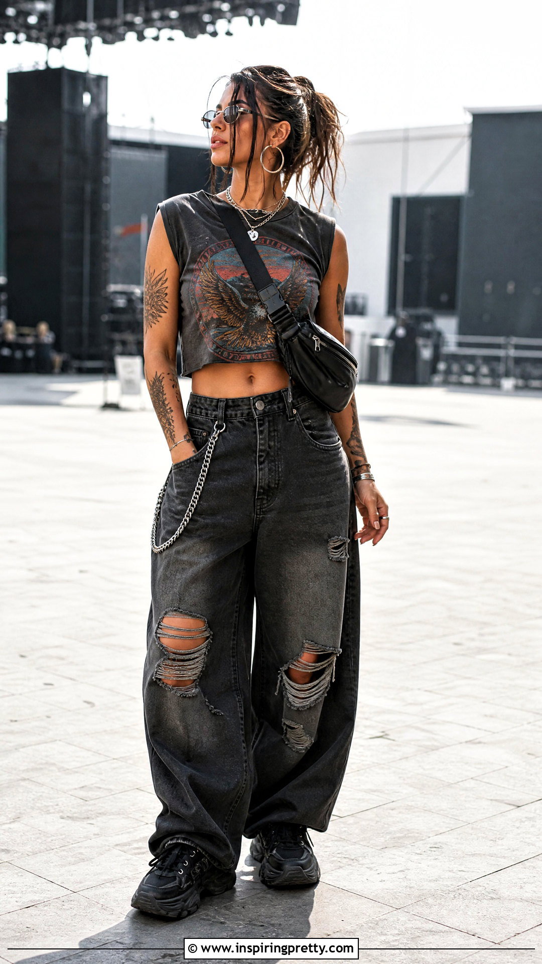 Graphic Crop Top With Ripped Baggy Jeans - 50 baggy jeans and crop top outfit ideas