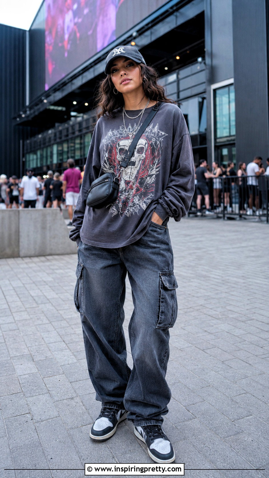 Graphic Full Sleeve Tee With Cargo Jeans - 50 full sleeves top outfit ideas
