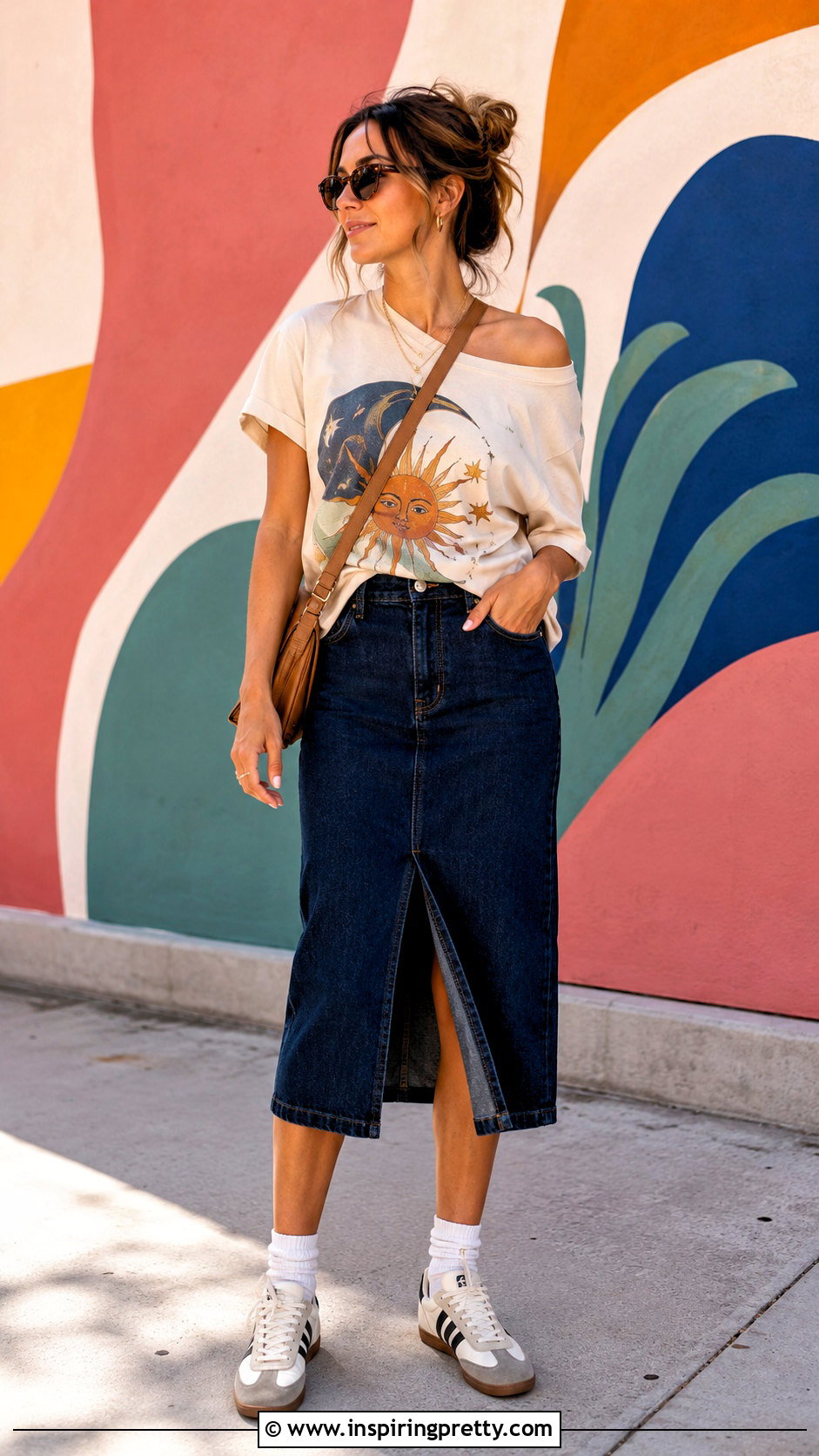 Graphic Half Shoulder Top With Denim Skirt - 50 half shoulder top outfit ideas