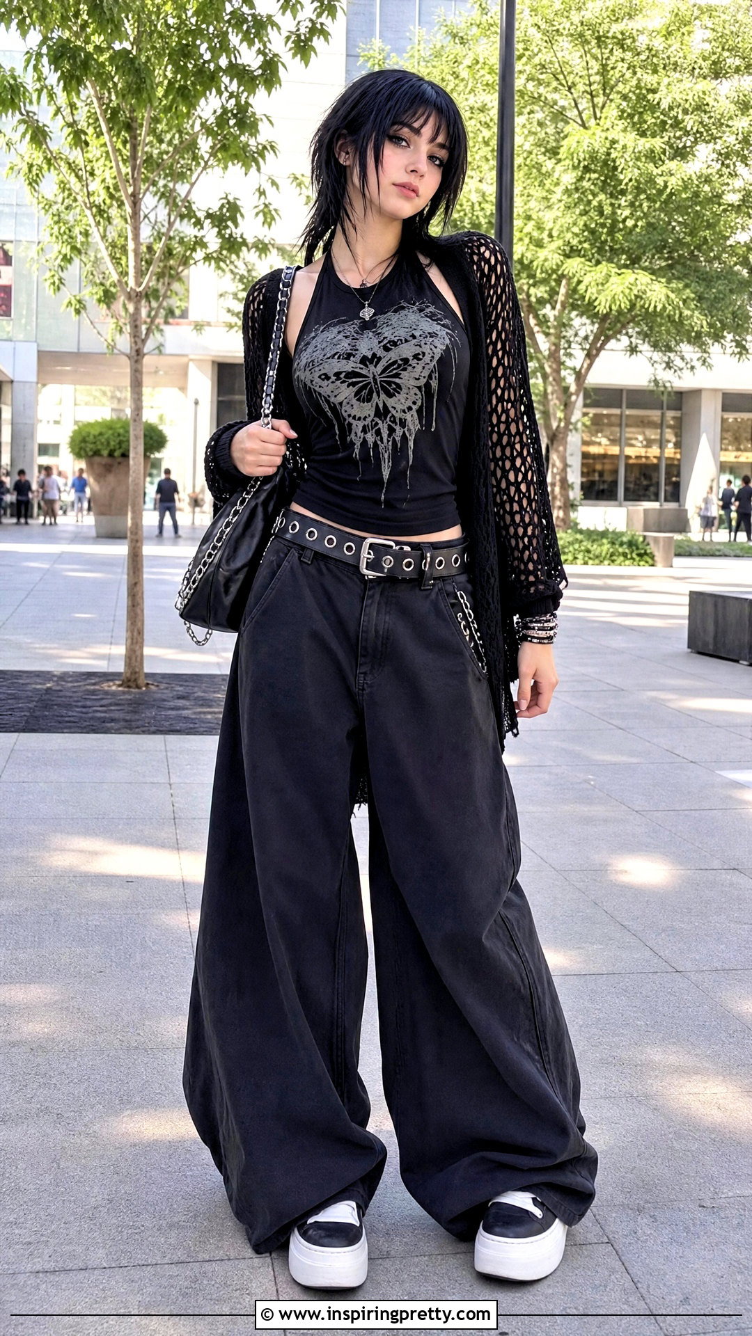 Graphic Halter Top And Wide Leg Pants Emo Outfit - 50 emo top outfit ideas