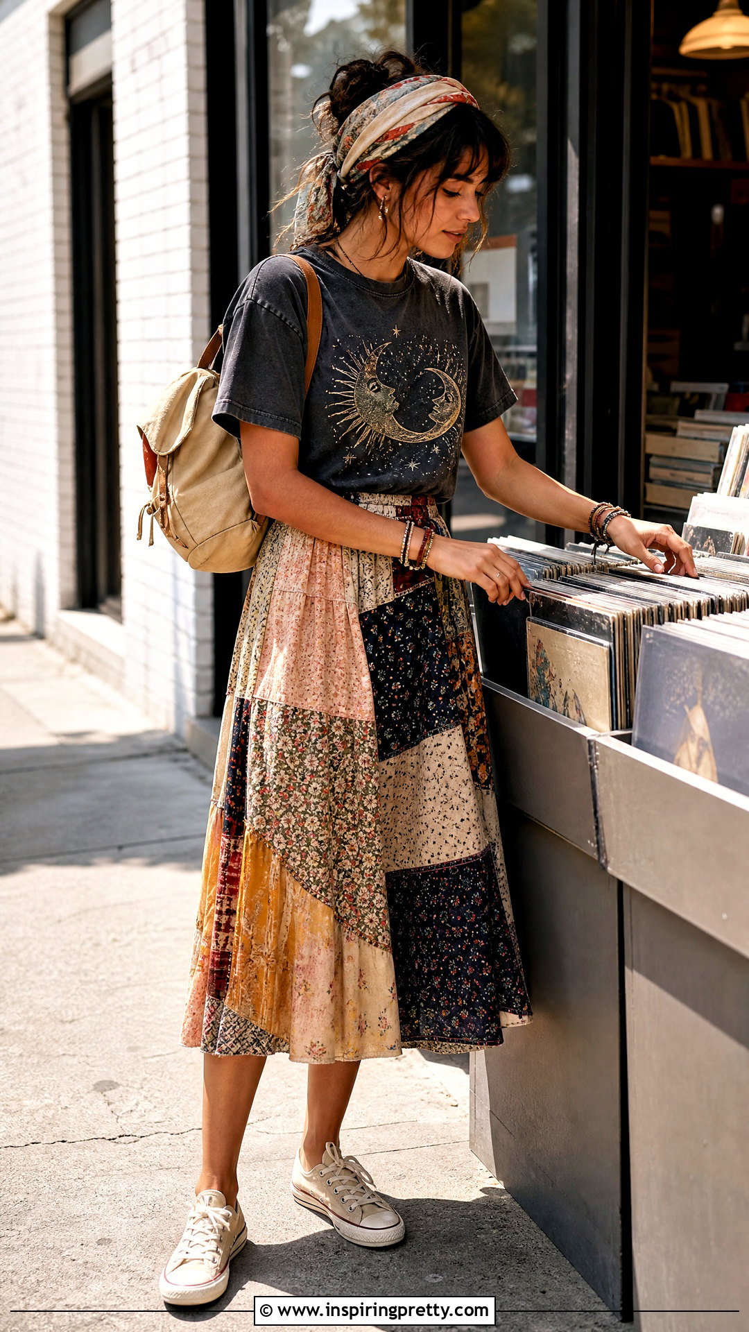 Graphic Hippie Summer Top With Patchwork Skirt - 25 hippie summer tops outfit ideas