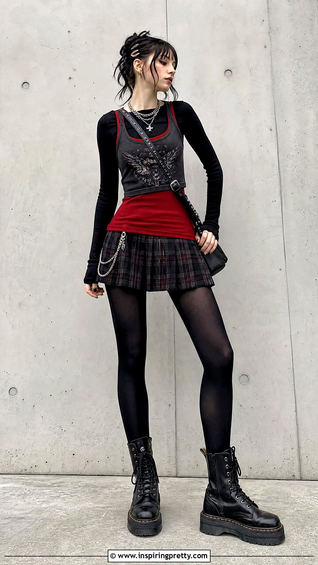 Graphic Layered Tank Top With Long Sleeve Shirt And Plaid Skirt - 25 layered tank top y2k outfit ideas