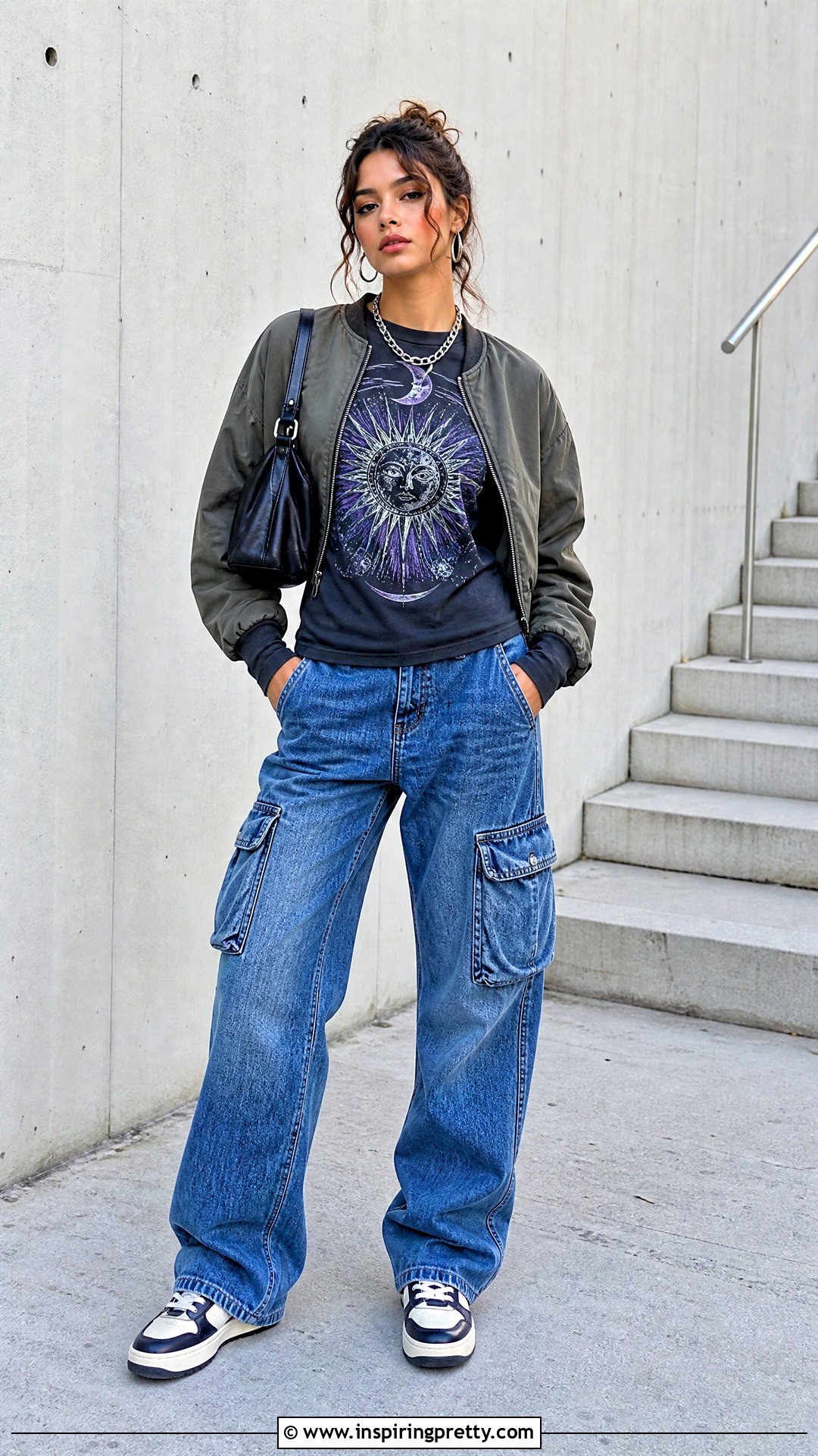 Graphic Long Sleeve Top With Cargo Jeans - 50 long sleeve top outfit ideas