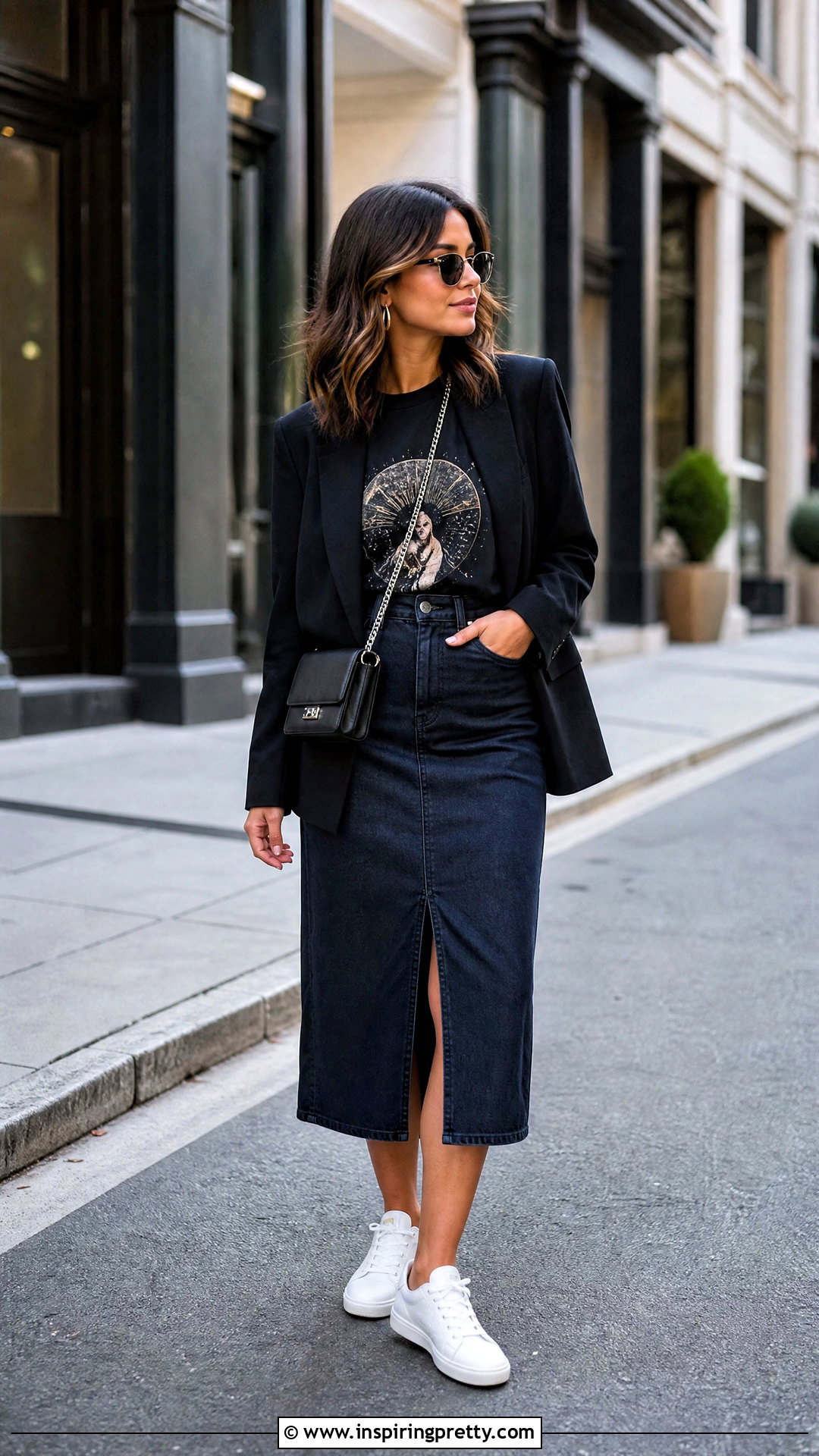 Graphic Long Sleeve Top With Denim Midi Skirt - 25 Long Sleeve Dress Tops outfit ideas