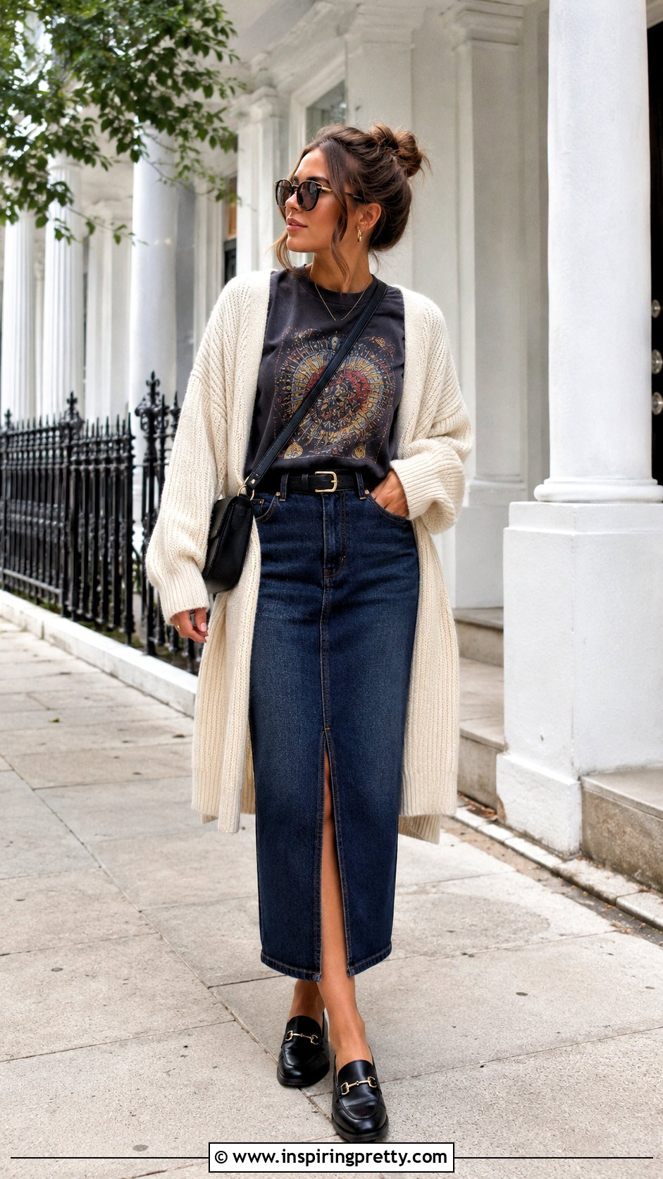 Graphic Long Sleeve Top With Denim Midi Skirt - 20 comfy long sleeve tops outfit ideas