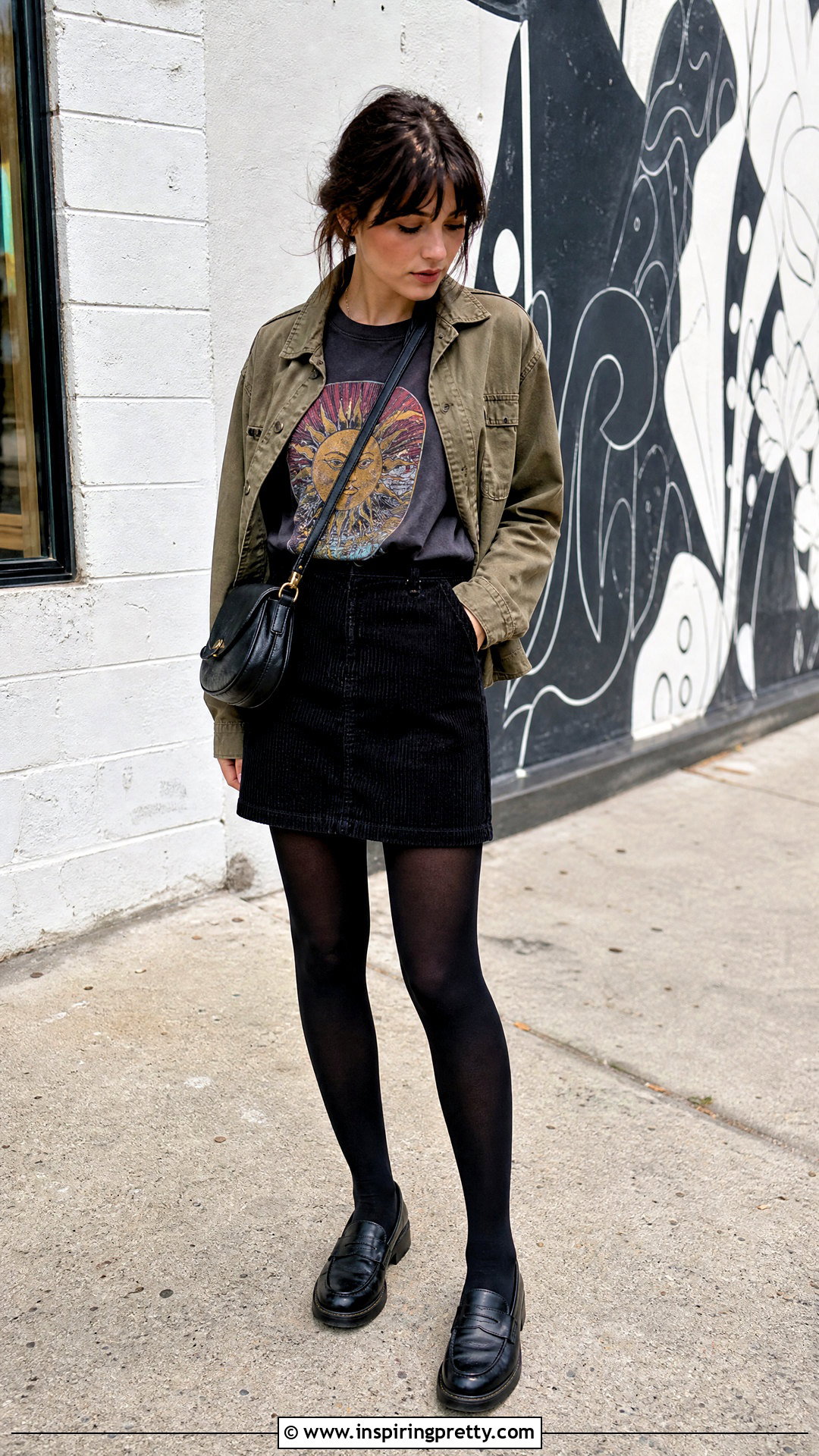 Graphic Long Sleeve Top With Mini Skirt And Tights - 50 cute long sleeve tops outfit ideas