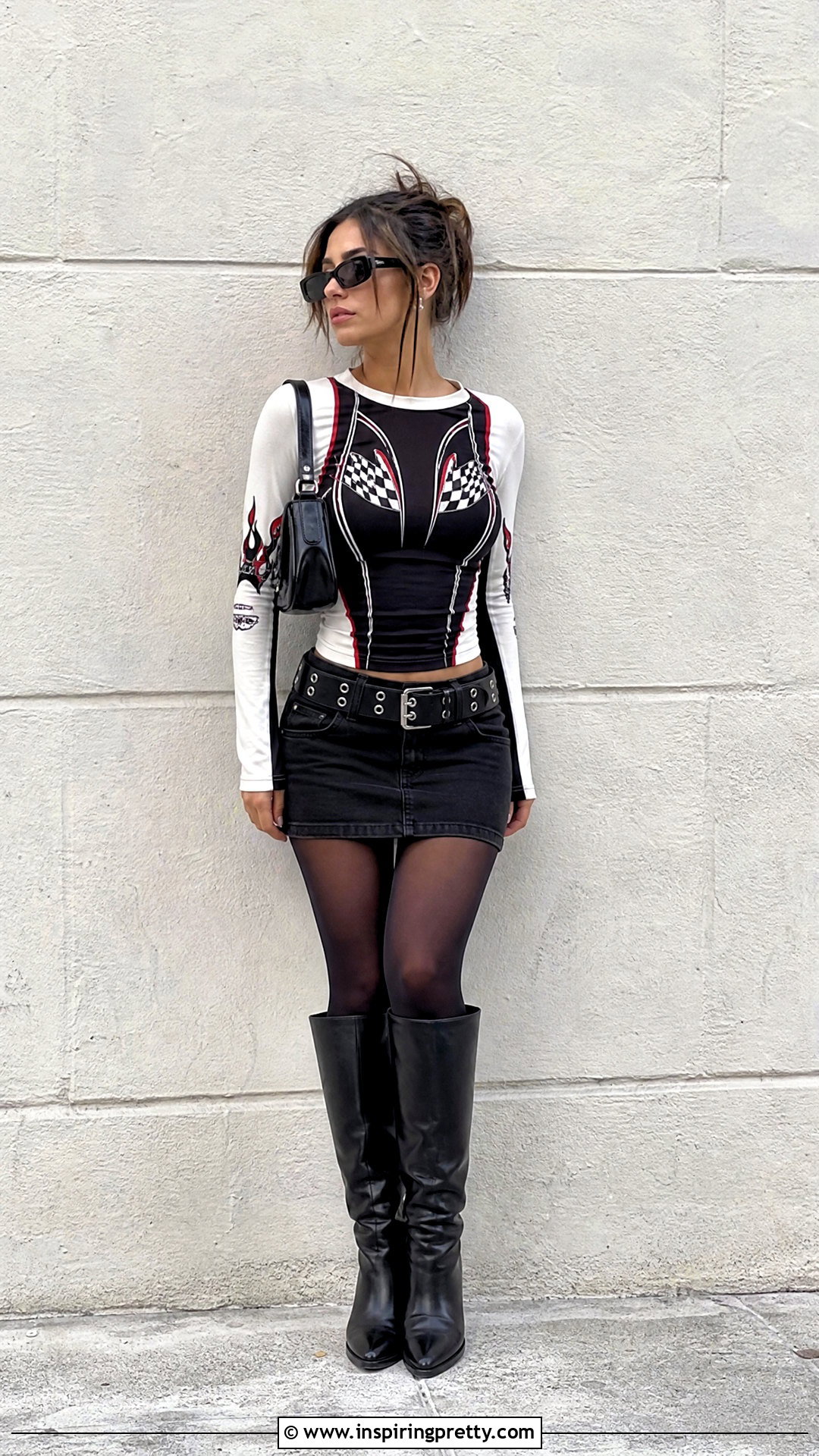 Graphic Long Sleeve Top With Mini Skirt - 50 2000 tops outfit ideas