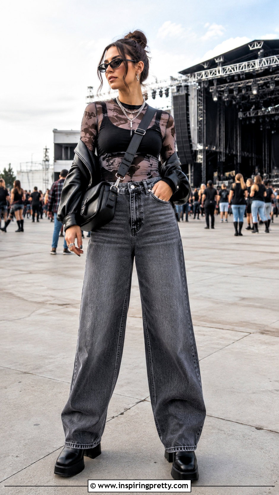 Graphic Mesh Top With Baggy Jeans - 50 night out tops outfit ideas