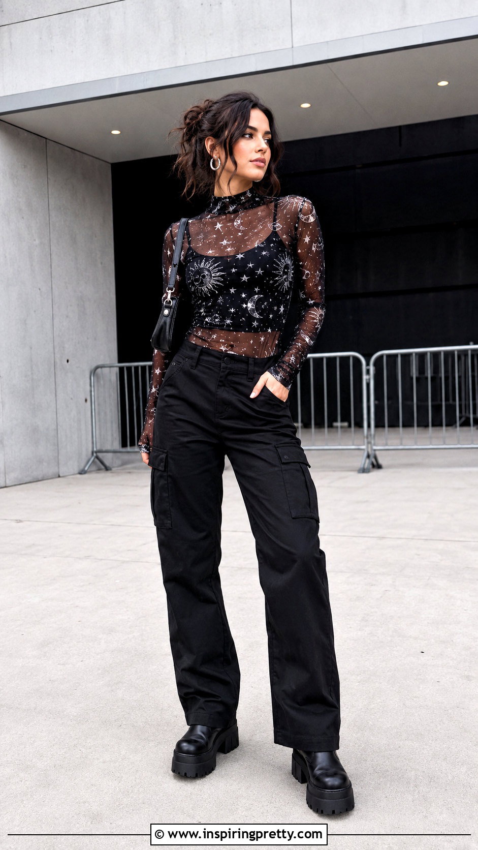 Graphic Mesh Top With Black Cargo Pants - 50 going out tops night out ideas