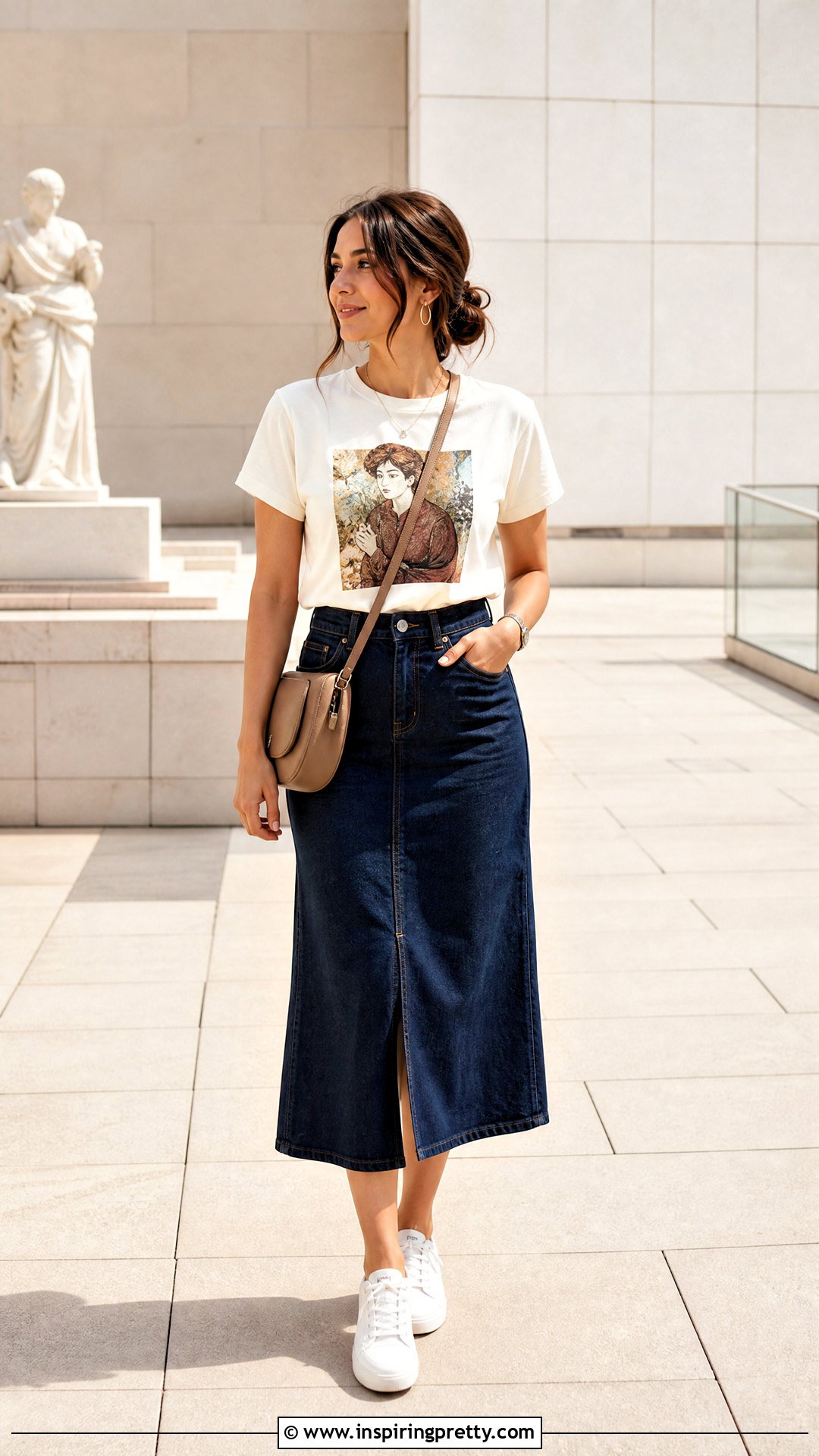 Graphic Misses Top With Denim Midi Skirt - 25 misses tops outfit ideas