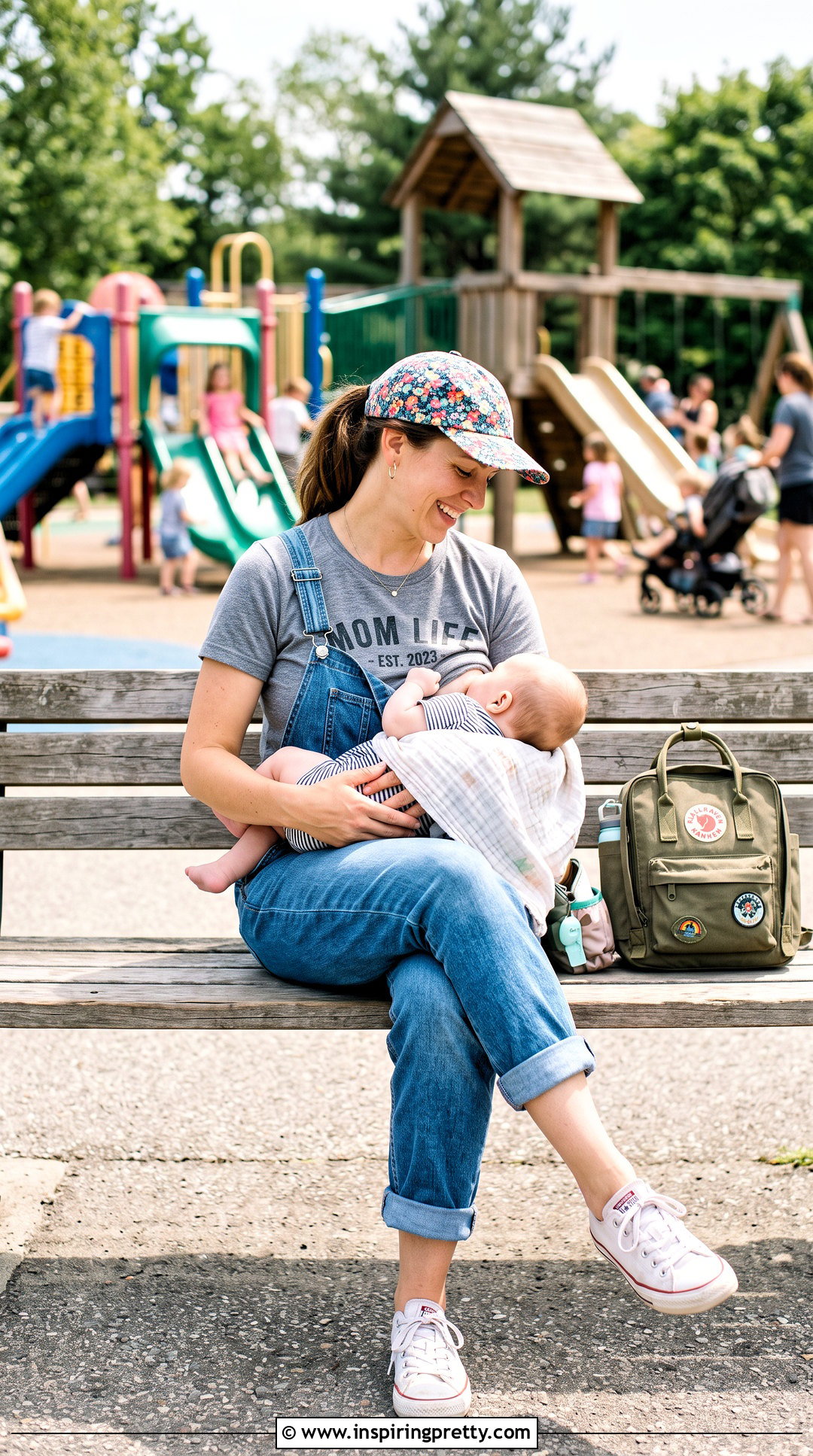 Graphic Nursing T Shirt With Denim Overalls - 20 Cute Breastfeeding Tops outfit ideas