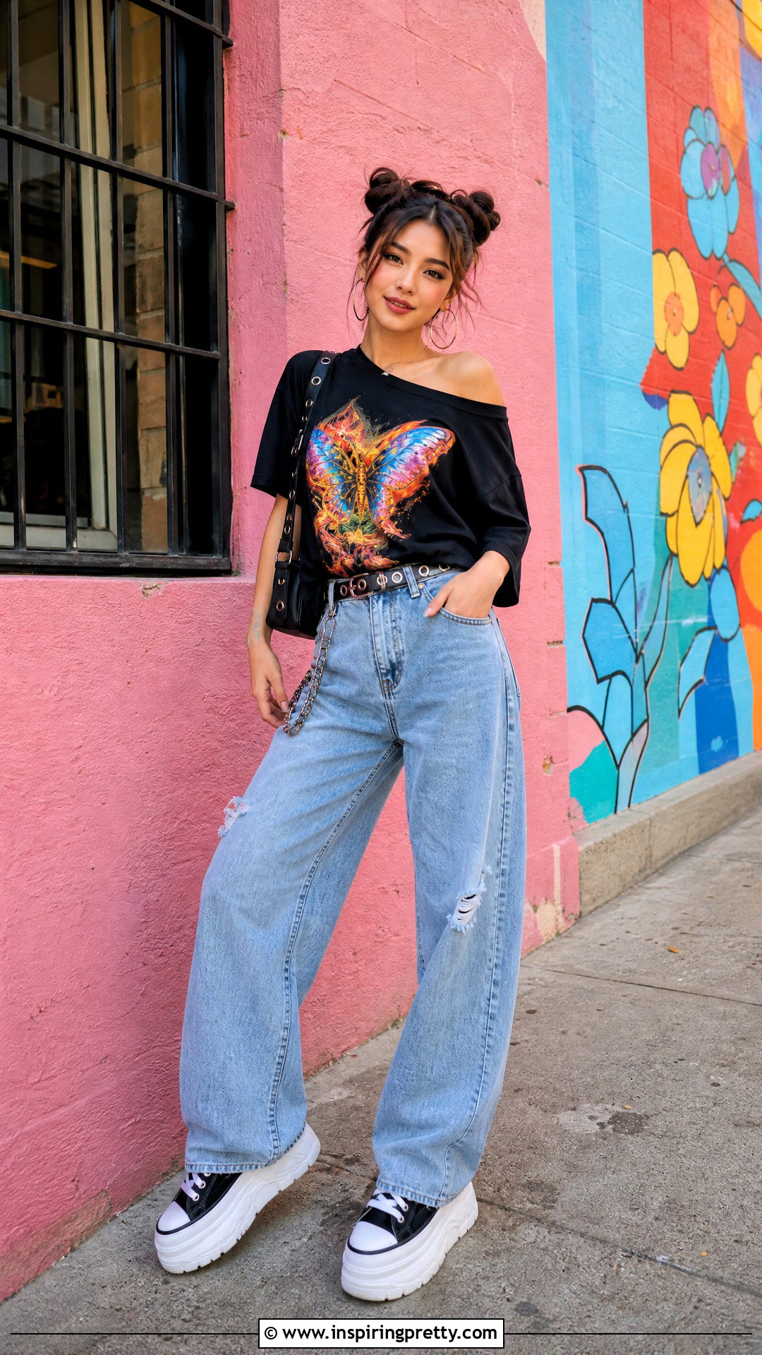 Graphic Off Shoulder Top With Space Buns and Baggy Jeans - 50 hairstyle for off shoulder top outfit ideas