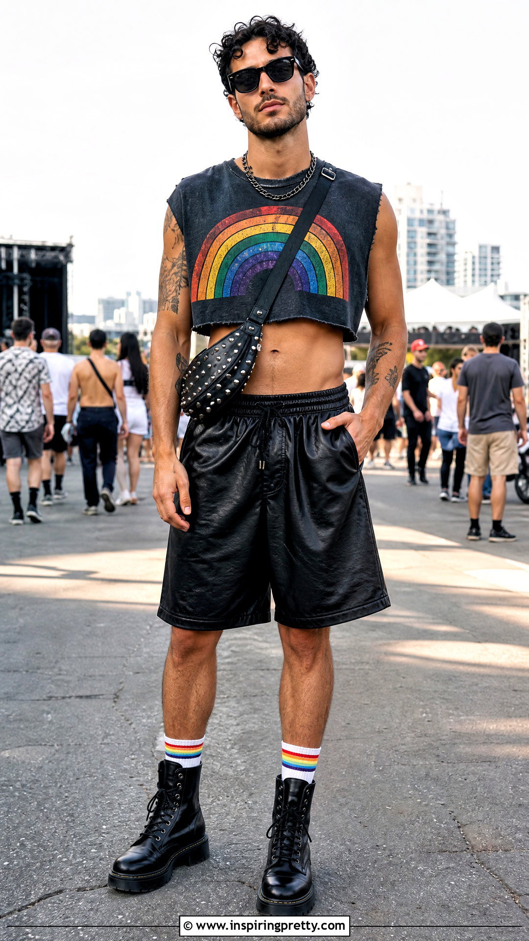 Graphic Pride Crop Top With Leather Look Shorts - 20 pride crop top men outfit ideas
