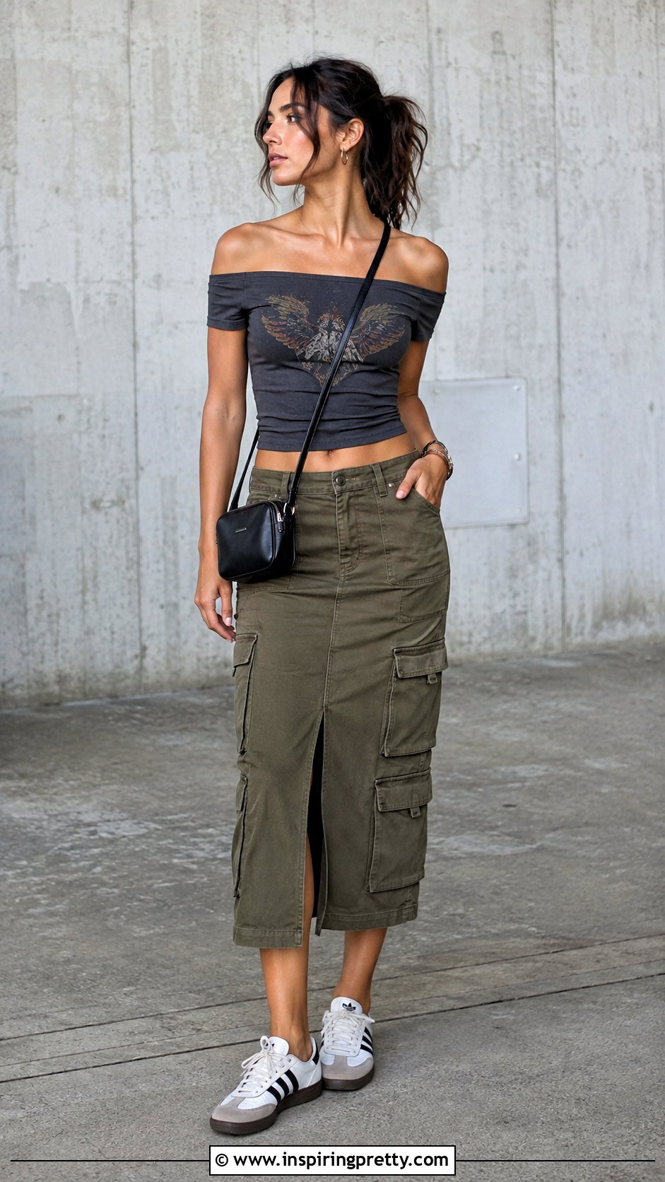 Graphic Shoulderless Top With Cargo Skirt - 50 shoulderless top outfit ideas