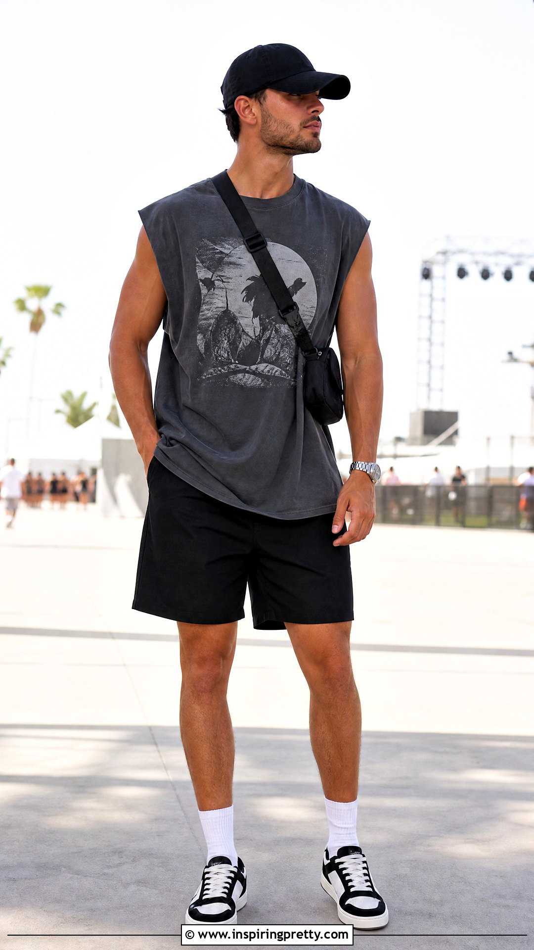 Graphic Sleeveless Top With Black Shorts - 50 sleeveless top outfit men ideas