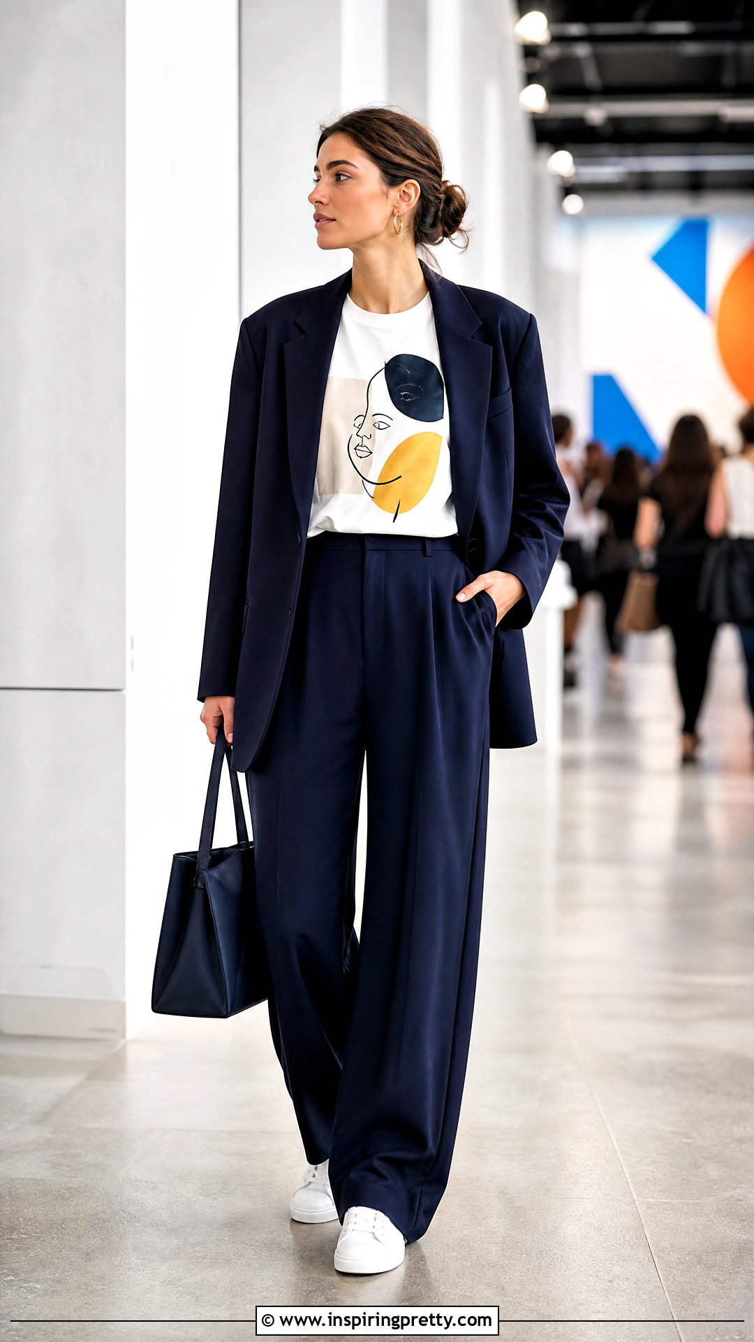 Graphic Statement Tee With Tailored Suit - 50 statement tops outfit ideas