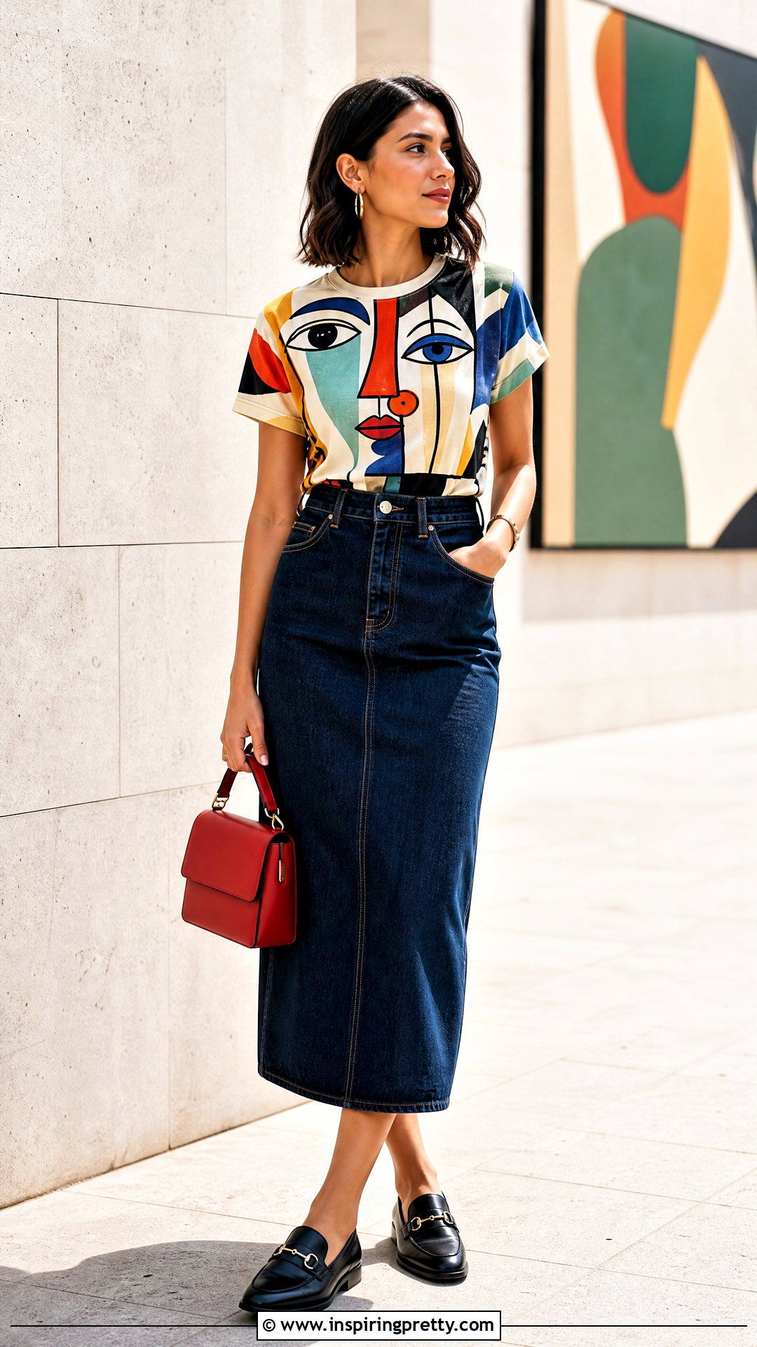 Graphic Statement Top With Denim Midi Skirt - 50 statement tops outfit ideas