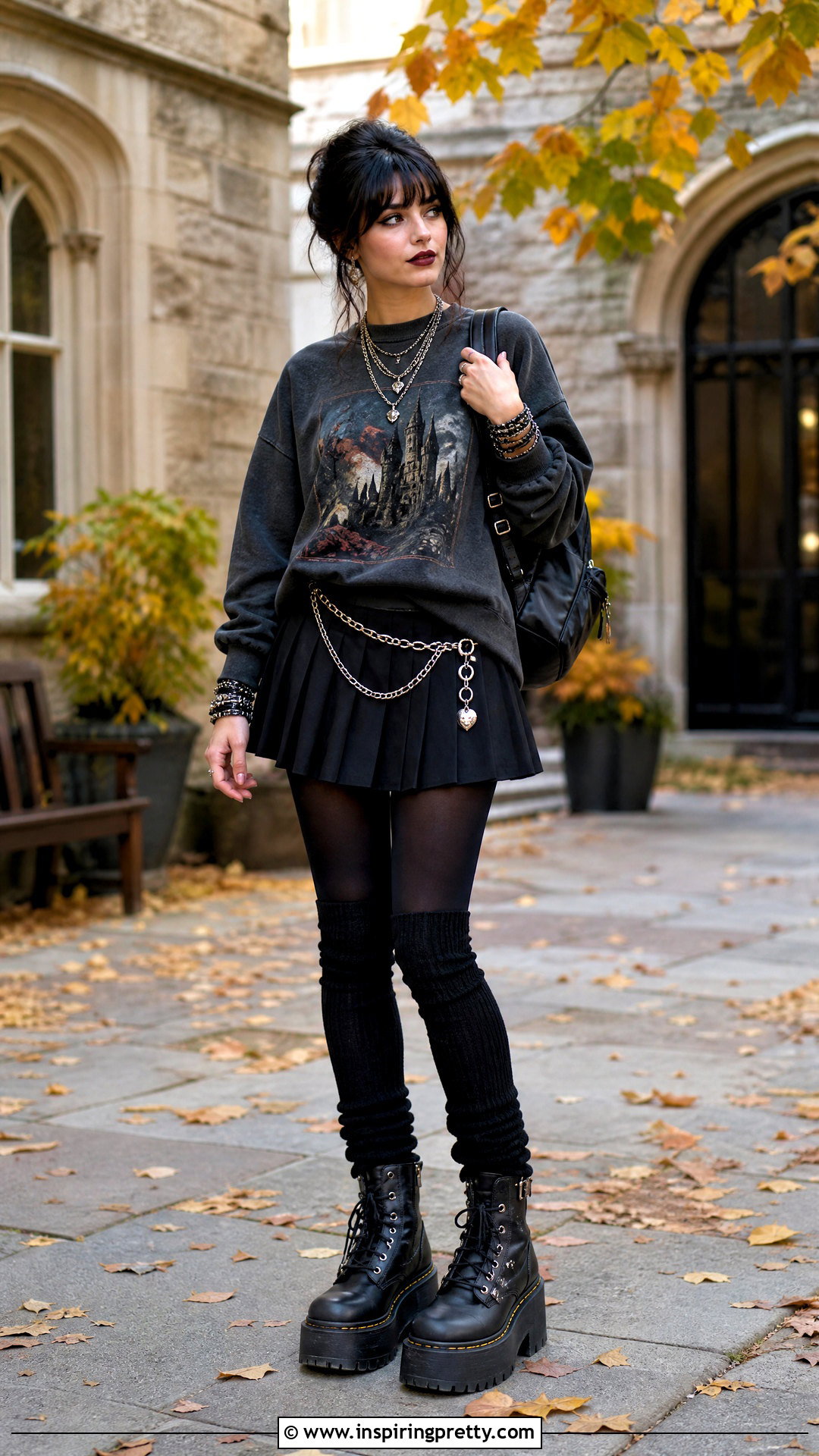 Graphic Sweatshirt And Pleated Skirt Emo Outfit - 50 emo top outfit ideas