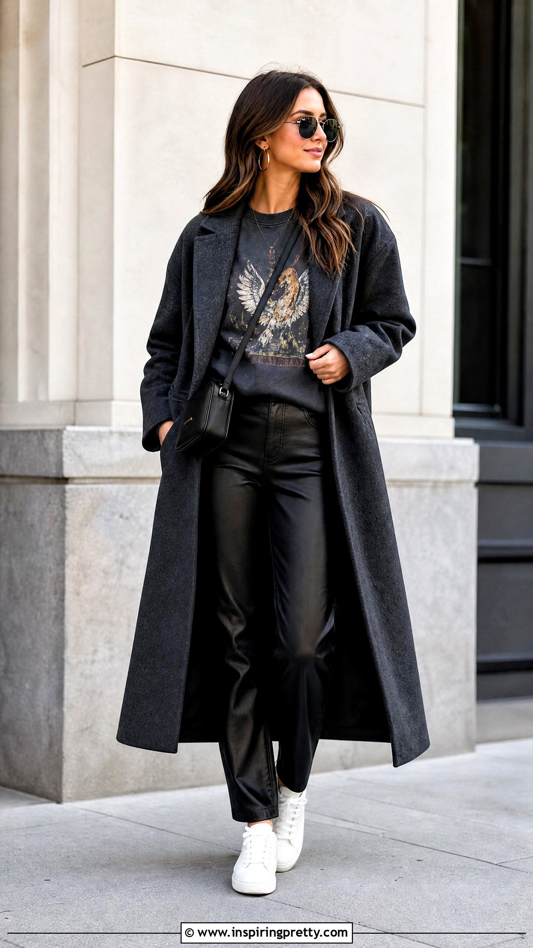 Graphic Sweatshirt Top With Leather Pants - 50 fall tops outfit ideas
