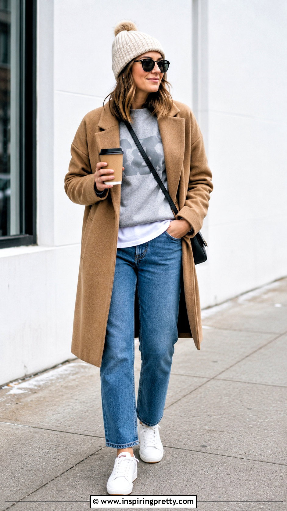 Graphic Sweatshirt With Long Wool Coat - 50 cute winter tops outfit ideas