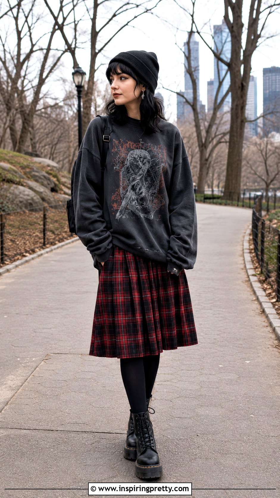 Graphic Sweatshirt With Plaid Skirt - 50 alt tops outfit ideas